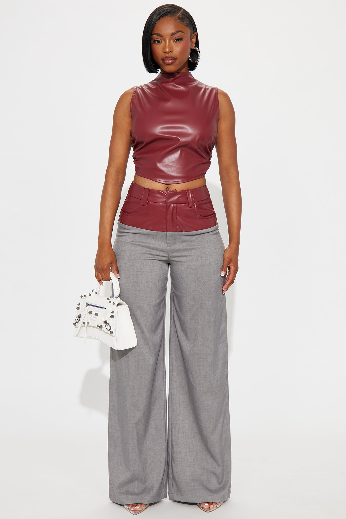 Janice Faux Leather Pant Set - Burgundy