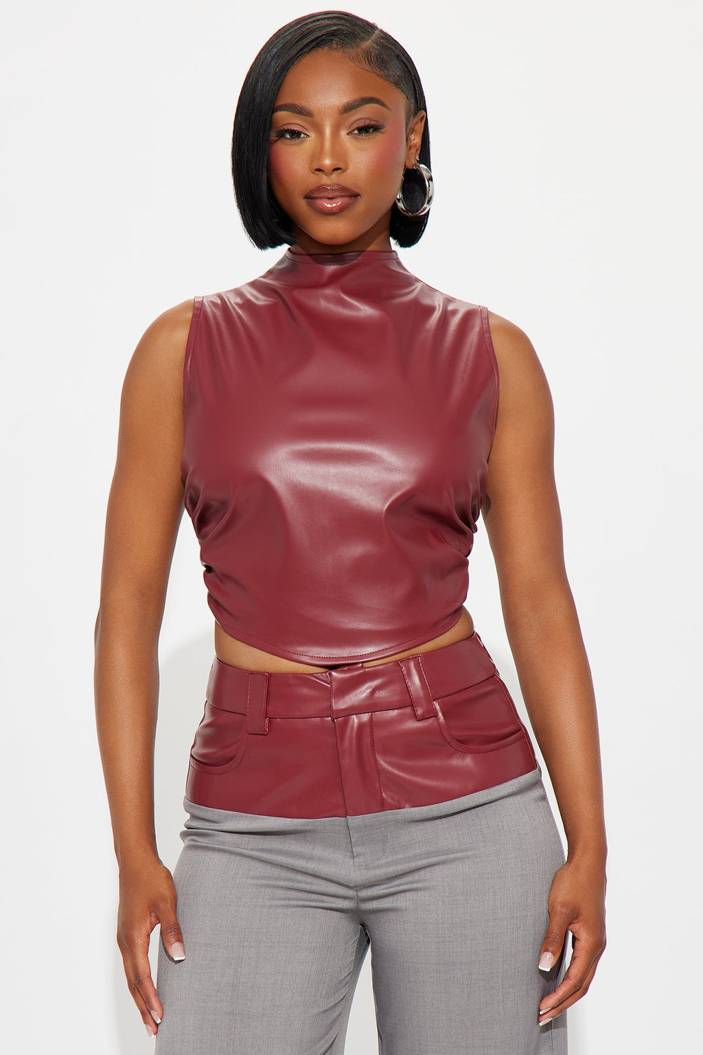 Janice Faux Leather Pant Set - Burgundy
