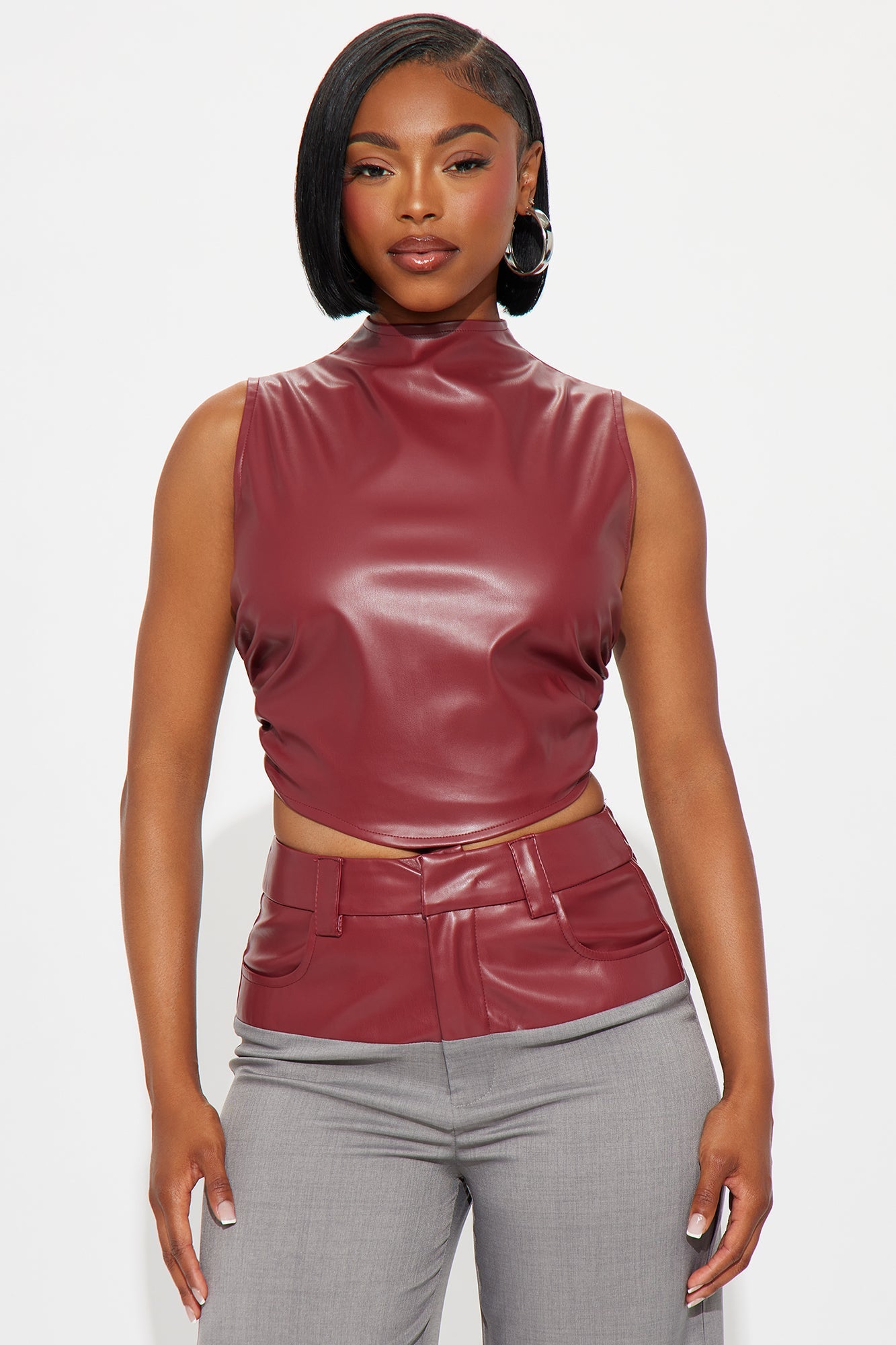Janice Faux Leather Pant Set - Burgundy