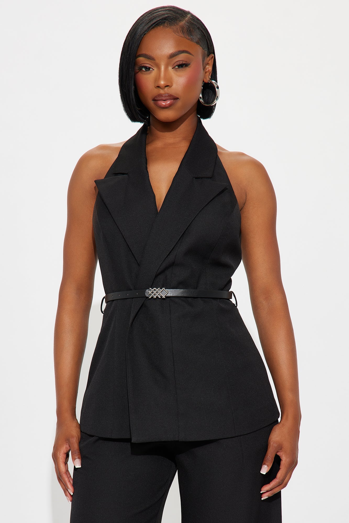 Divine Crepe Belted Vest And Pant Set - Black