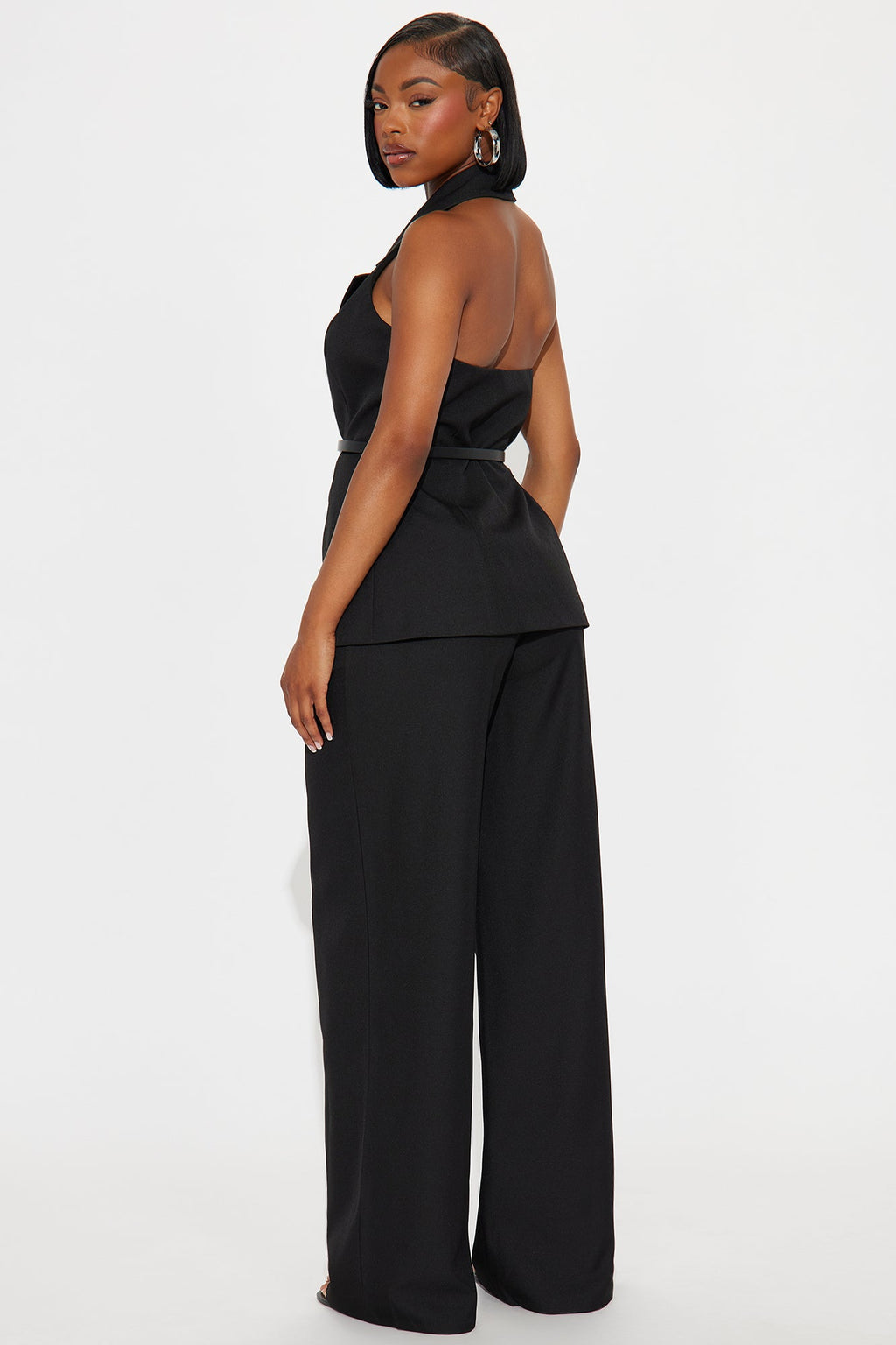 Divine Crepe Belted Vest And Pant Set - Black