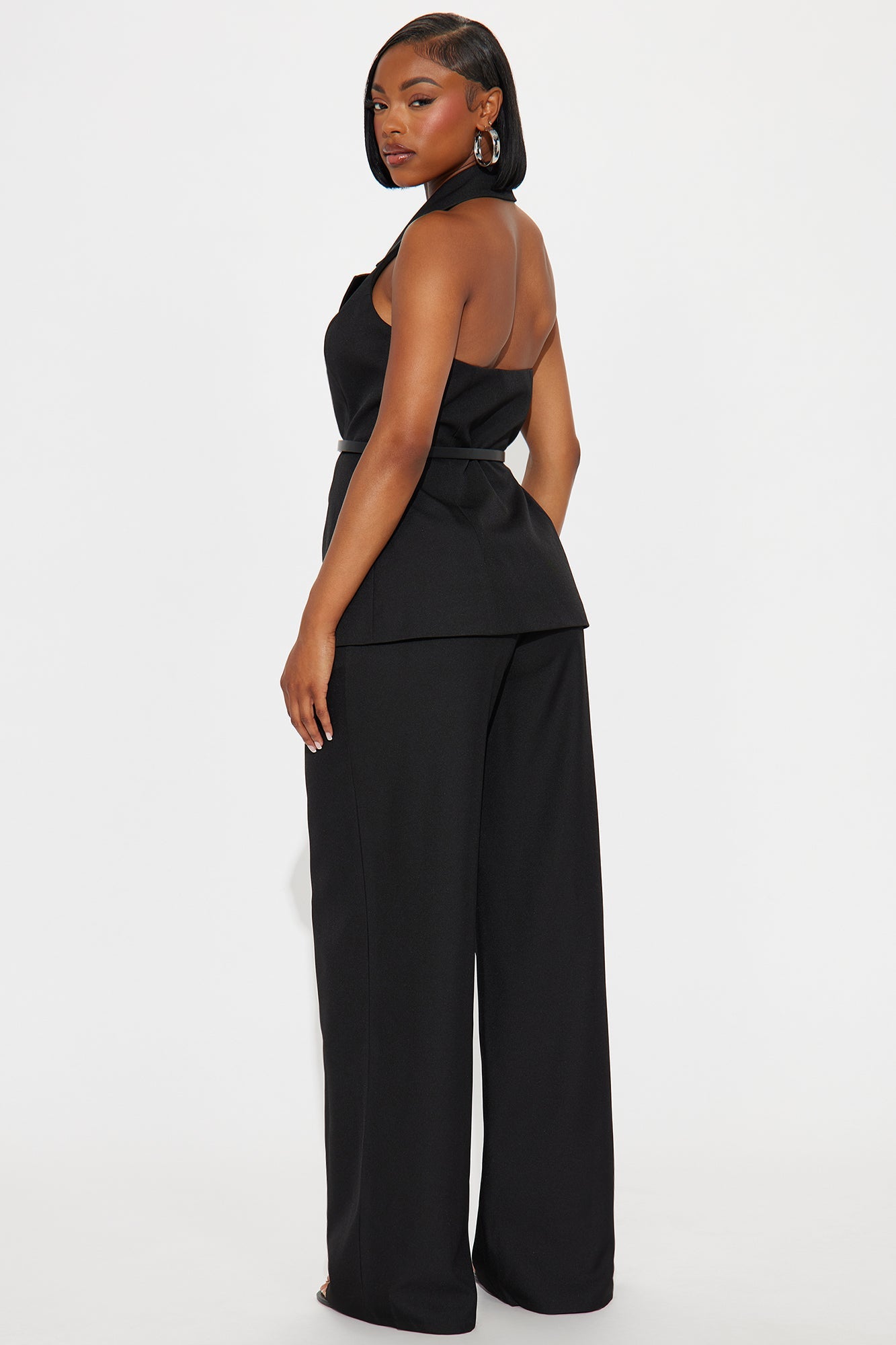 Divine Crepe Belted Vest And Pant Set - Black