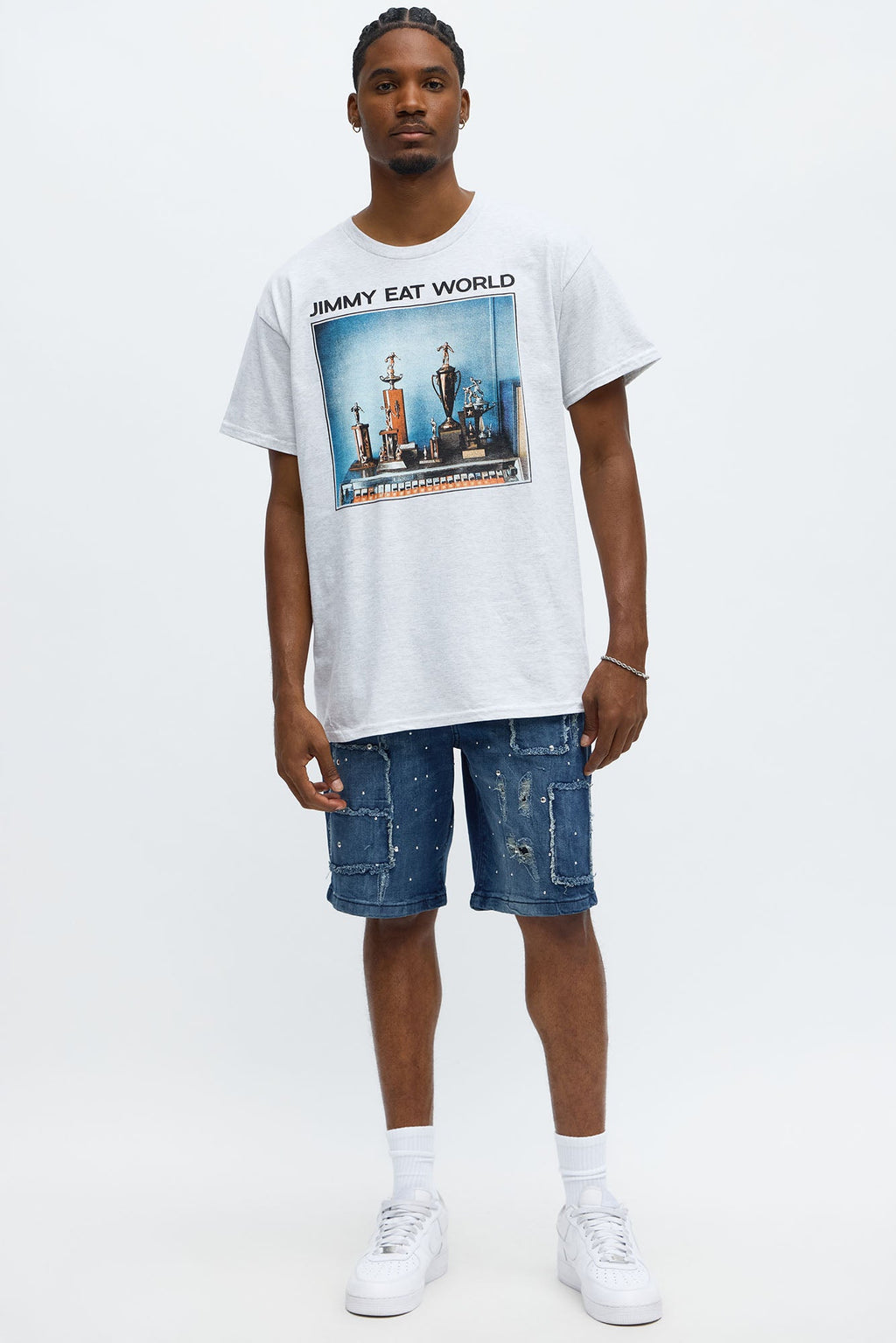 Relaxed Patched Studded Denim Short - Medium Blue Wash