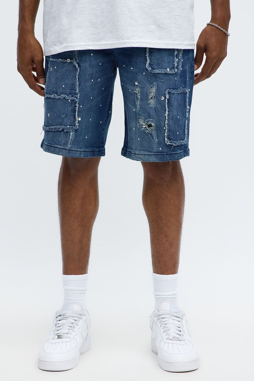 Relaxed Patched Studded Denim Short - Medium Blue Wash