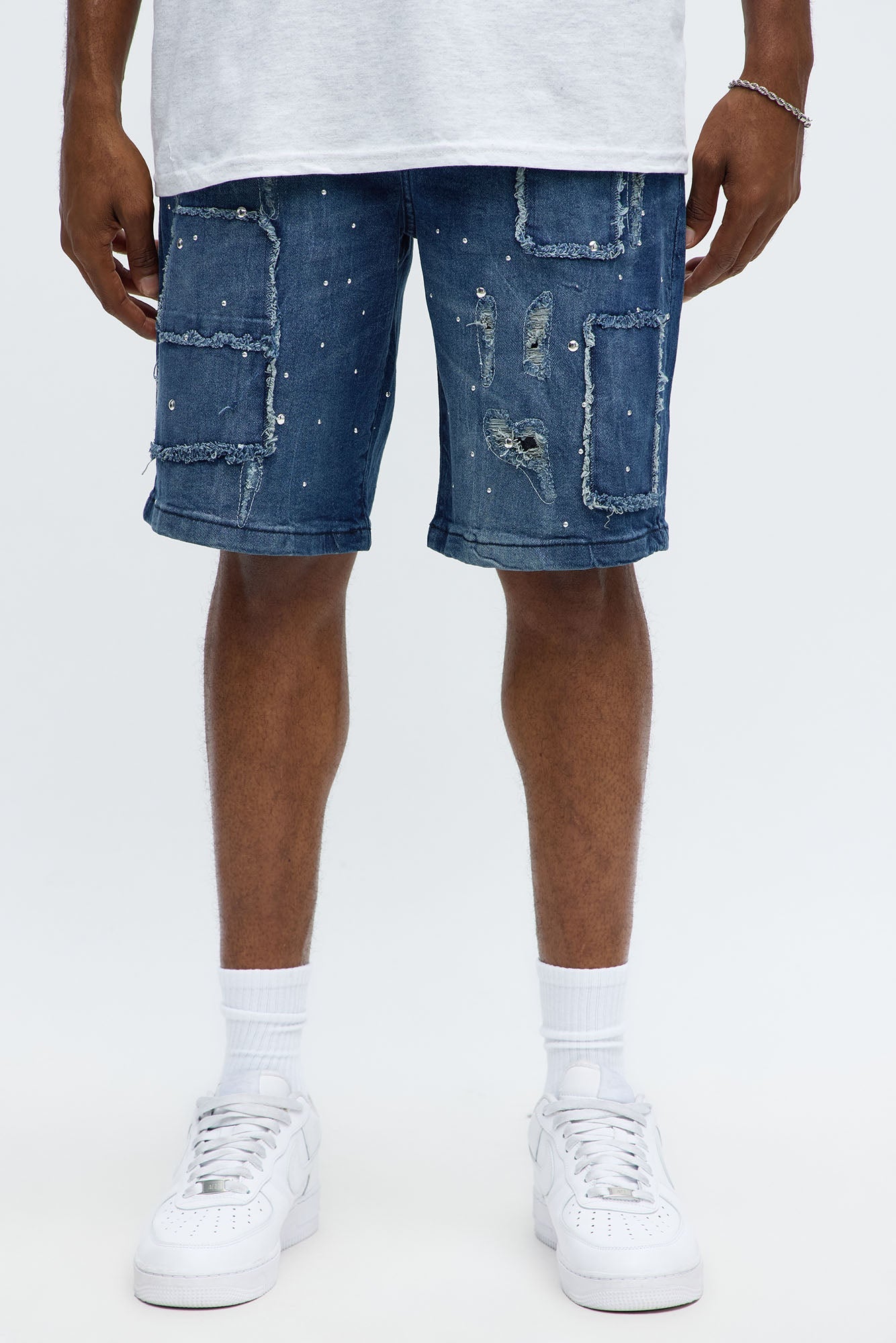 Relaxed Patched Studded Denim Short - Medium Blue Wash
