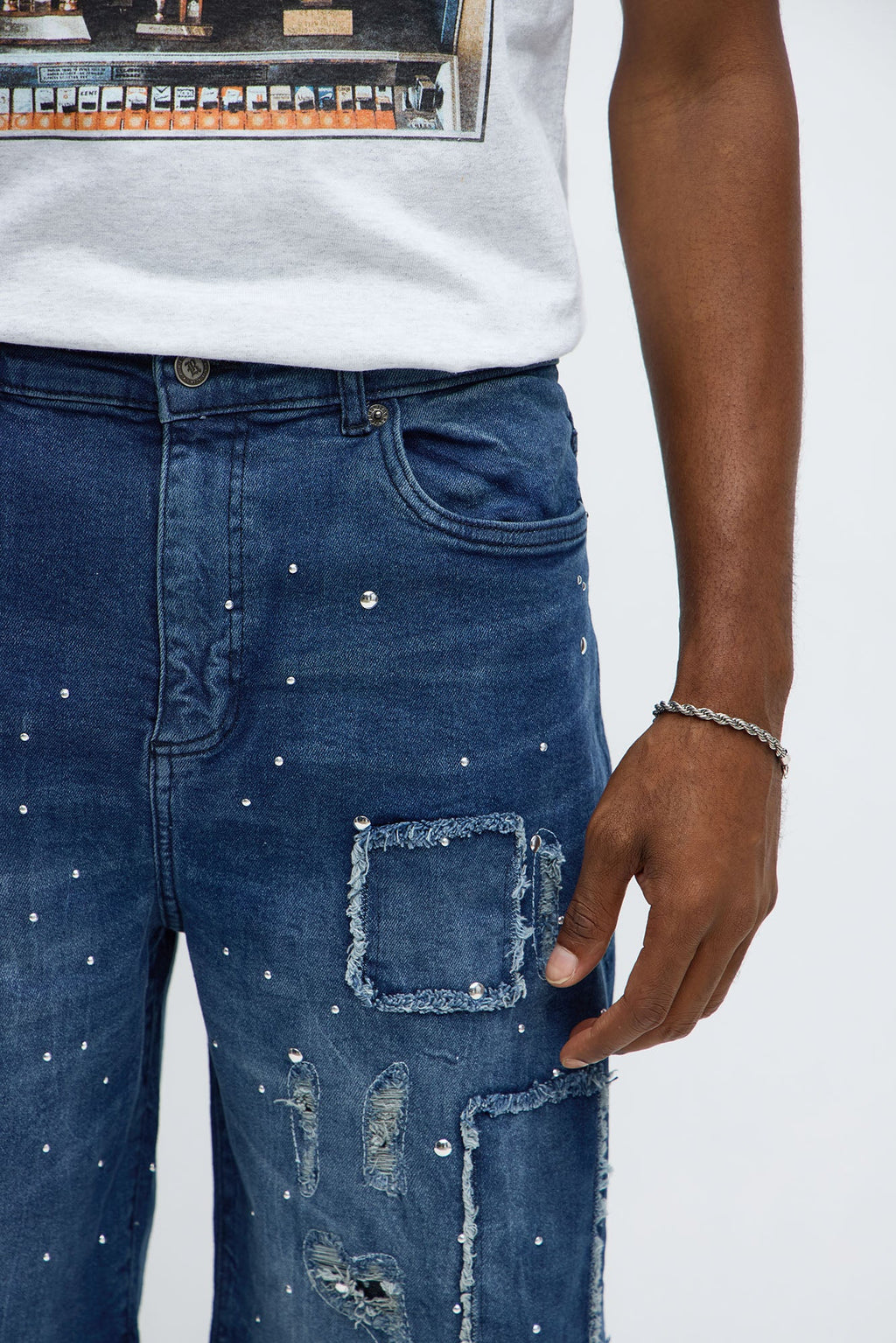 Relaxed Patched Studded Denim Short - Medium Blue Wash