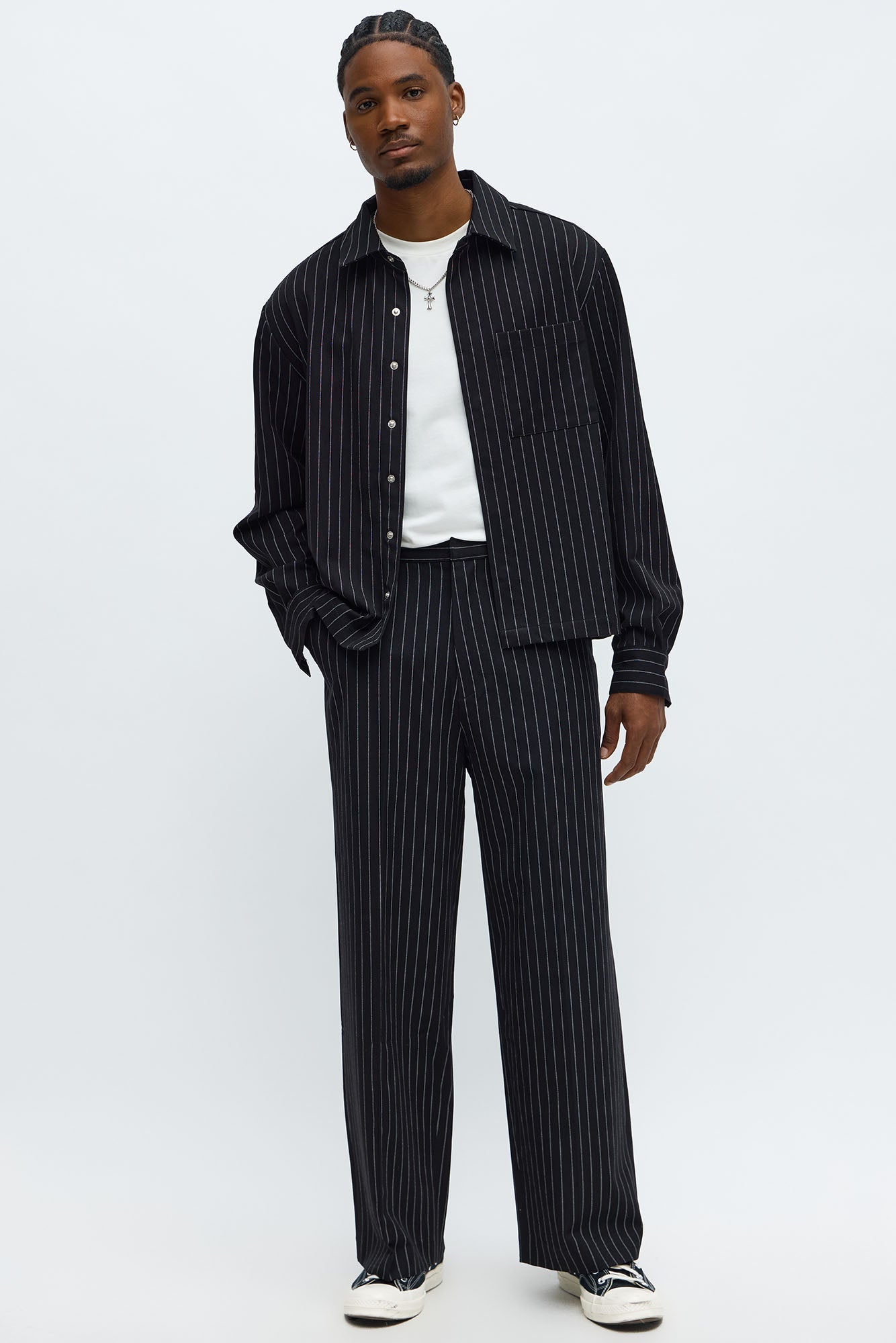 Wide Leg Straight Striped Trousers - Black