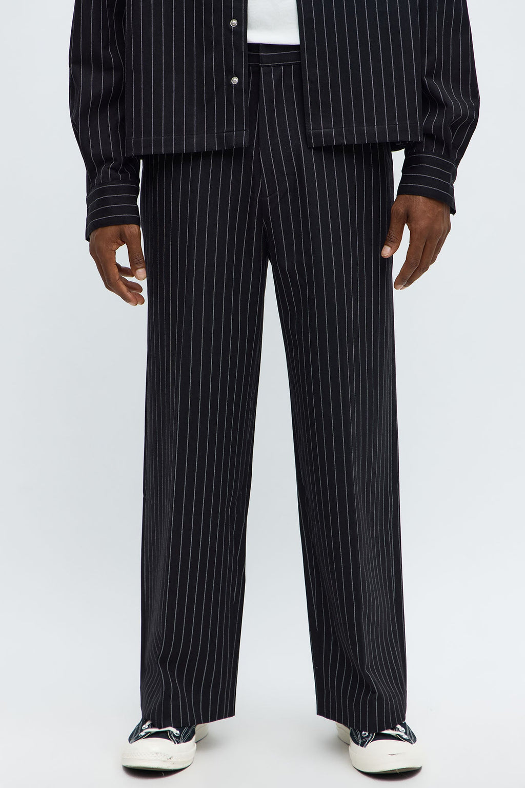 Wide Leg Straight Striped Trousers - Black