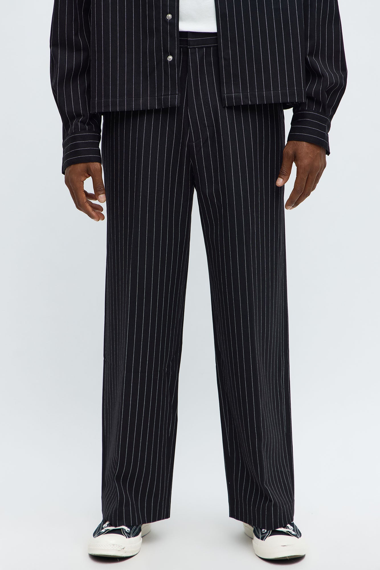 Wide Leg Straight Striped Trousers - Black