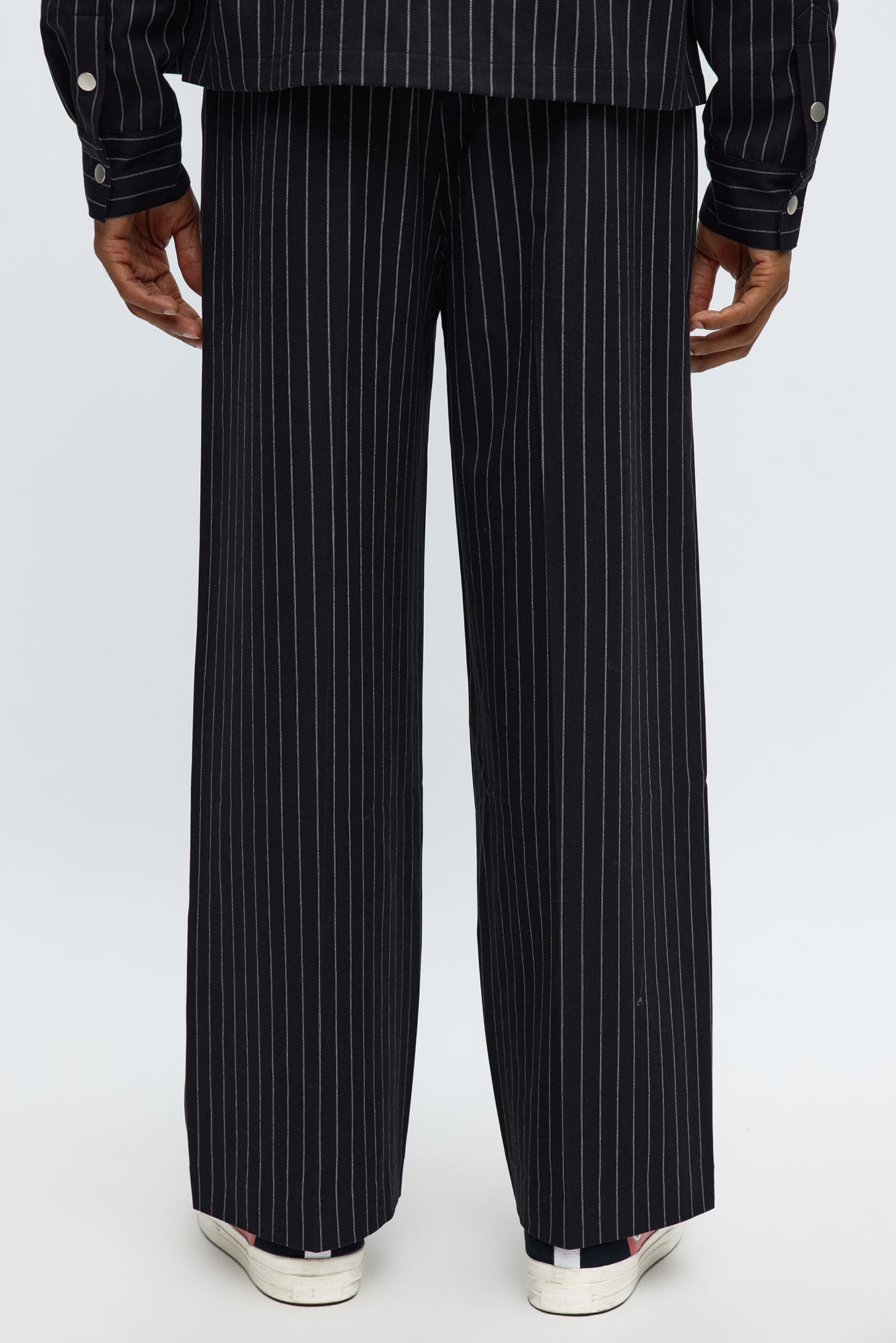 Wide Leg Straight Striped Trousers - Black