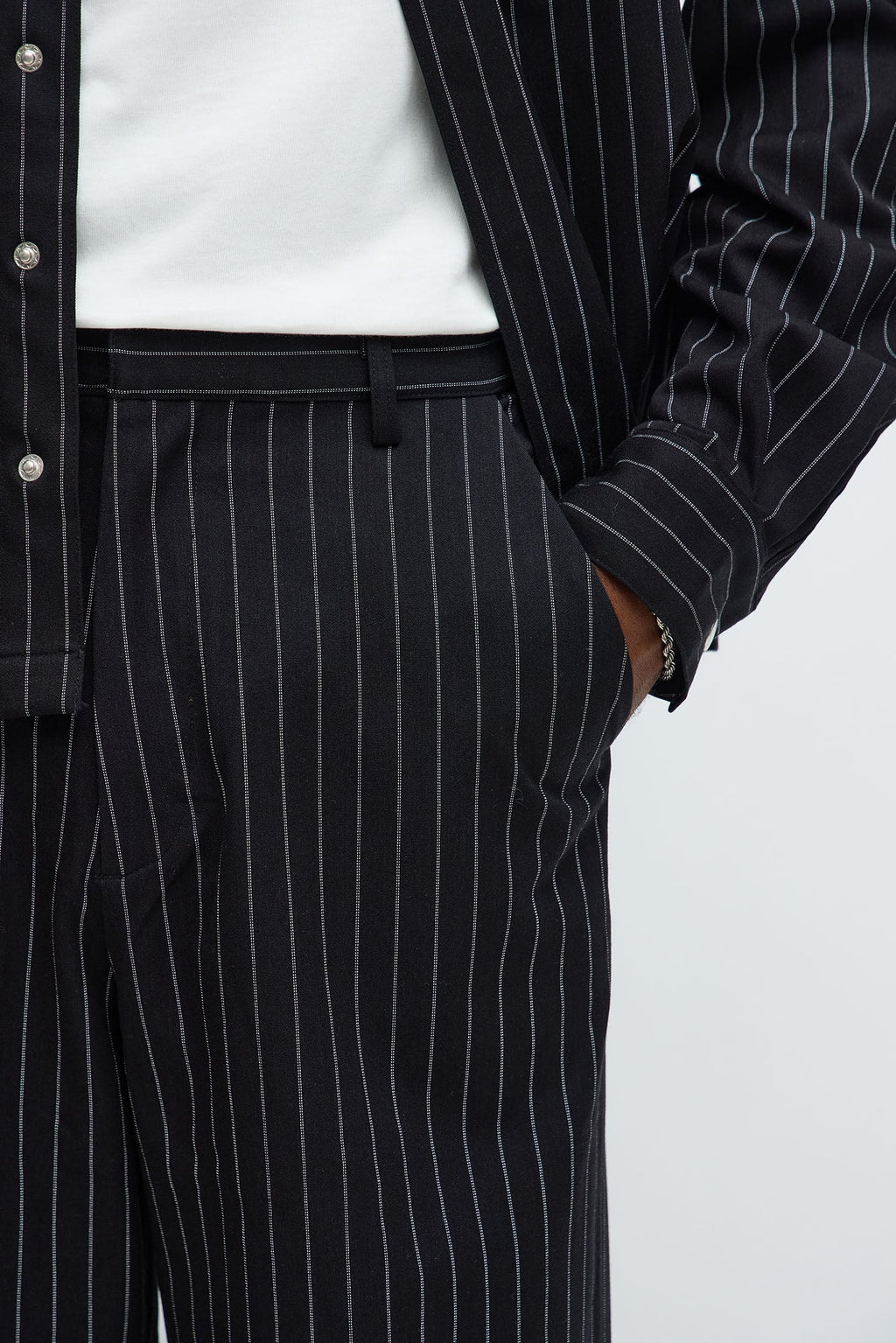Wide Leg Straight Striped Trousers - Black