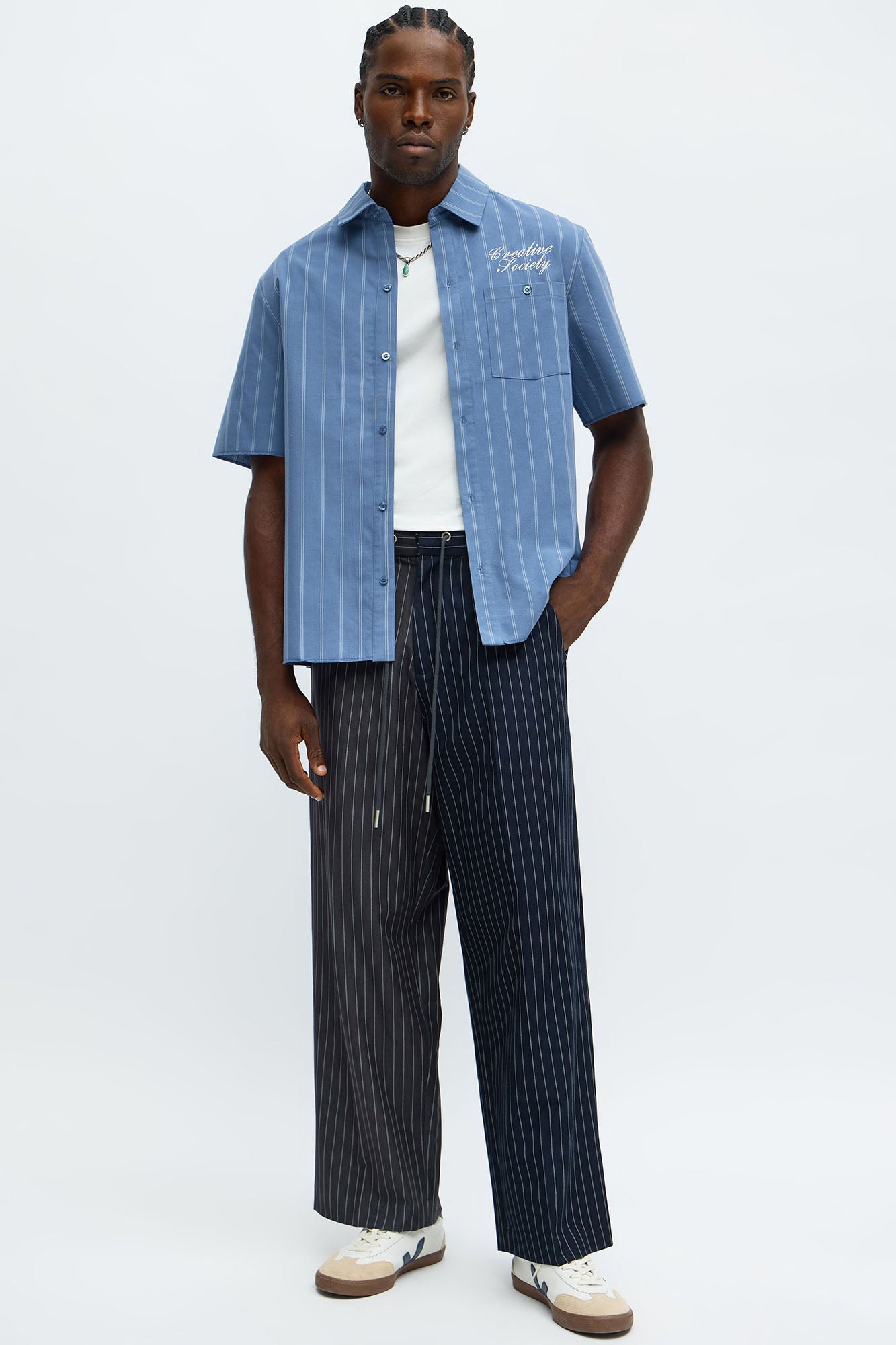 Creative Society Raw Hem Mechanic Button Up Shirt  - Blue