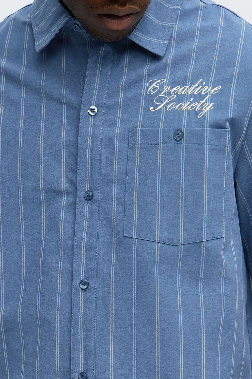 Creative Society Raw Hem Mechanic Button Up Shirt  - Blue
