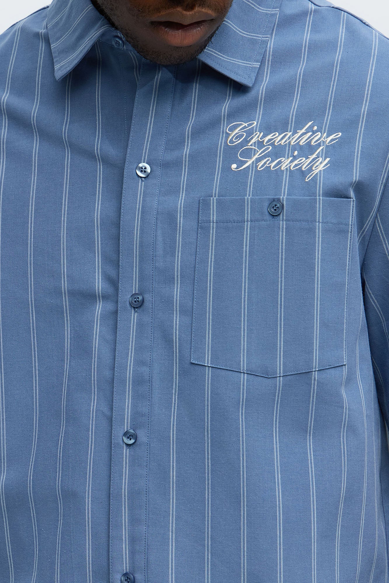 Creative Society Raw Hem Mechanic Button Up Shirt  - Blue