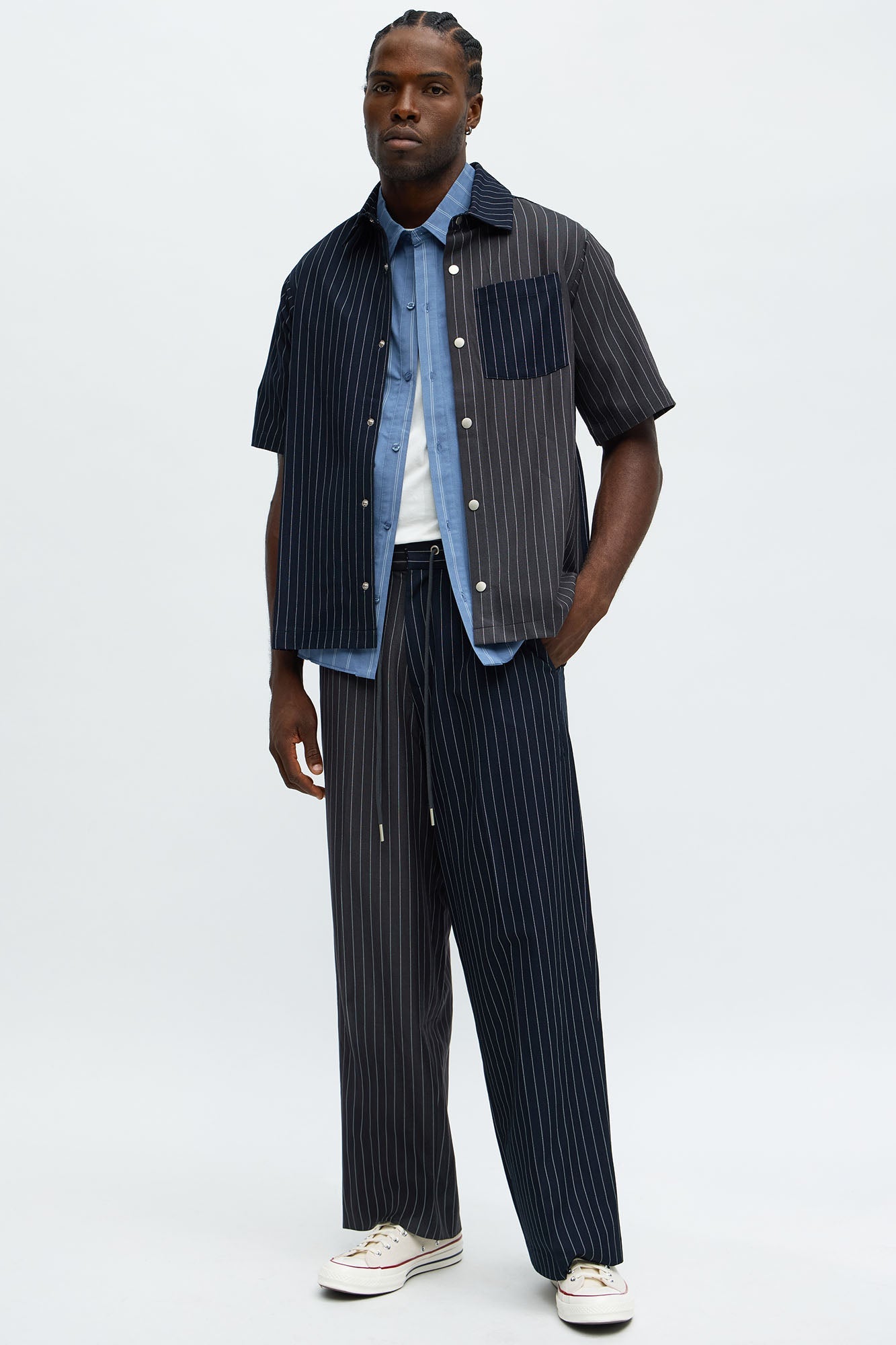 Preppy Striped Button Up Shirt - Grey/combo