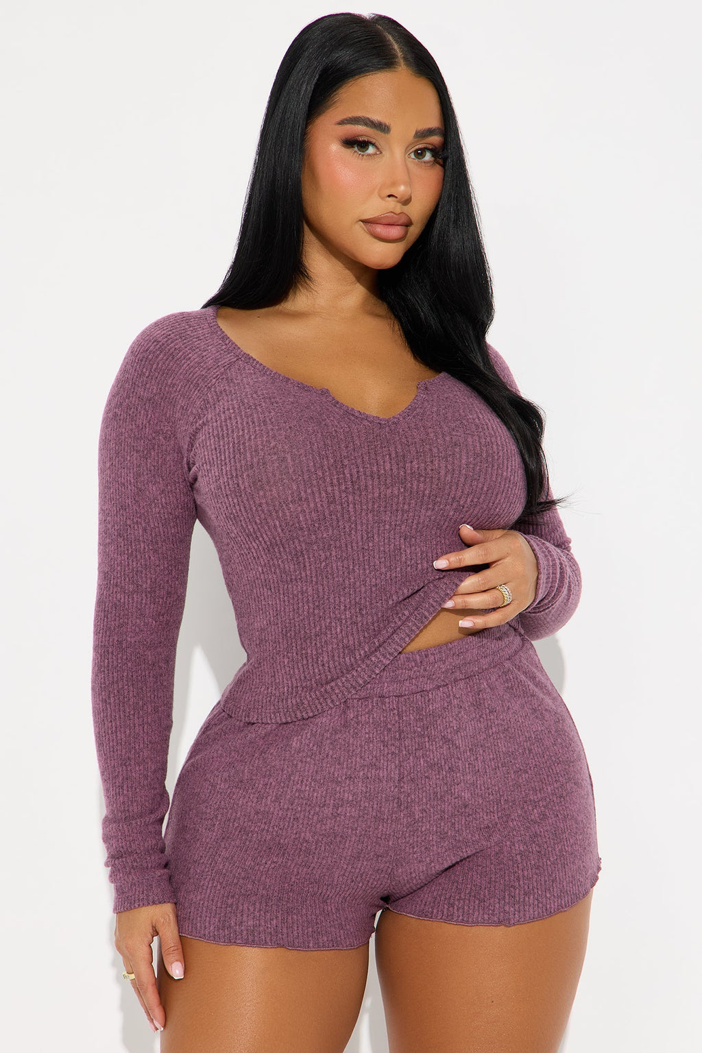 Sasha Heathered Long Sleeve Short Set - Purple
