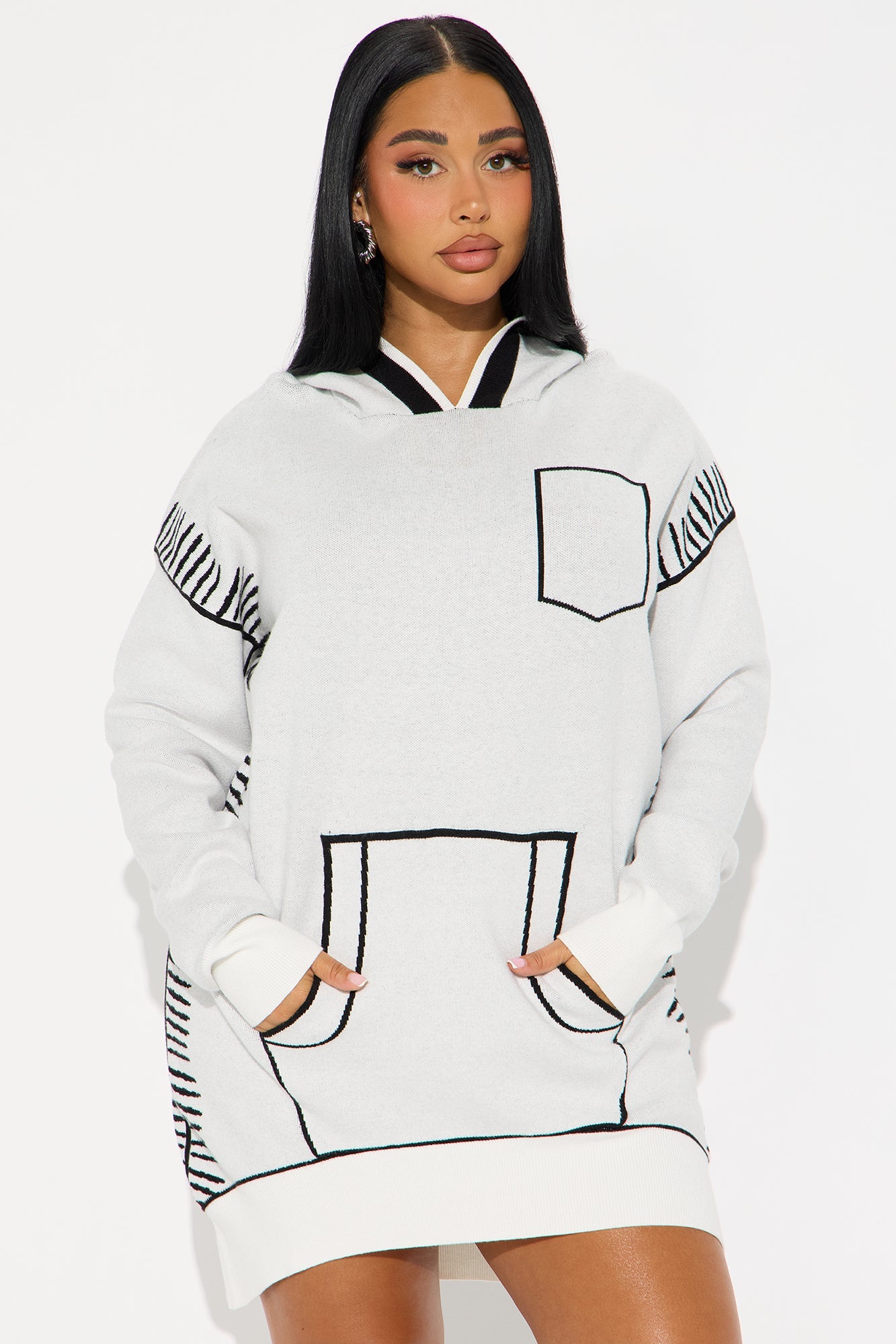 Sketch Me Hooded Sweatshirt Mini Dress - White/Black