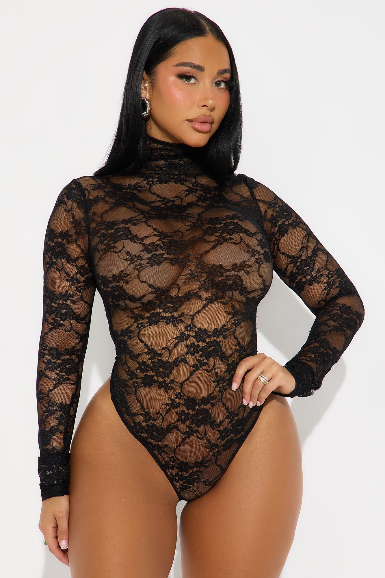 Elma Long Sleeve Turtle Neck Lace Bodysuit - Black