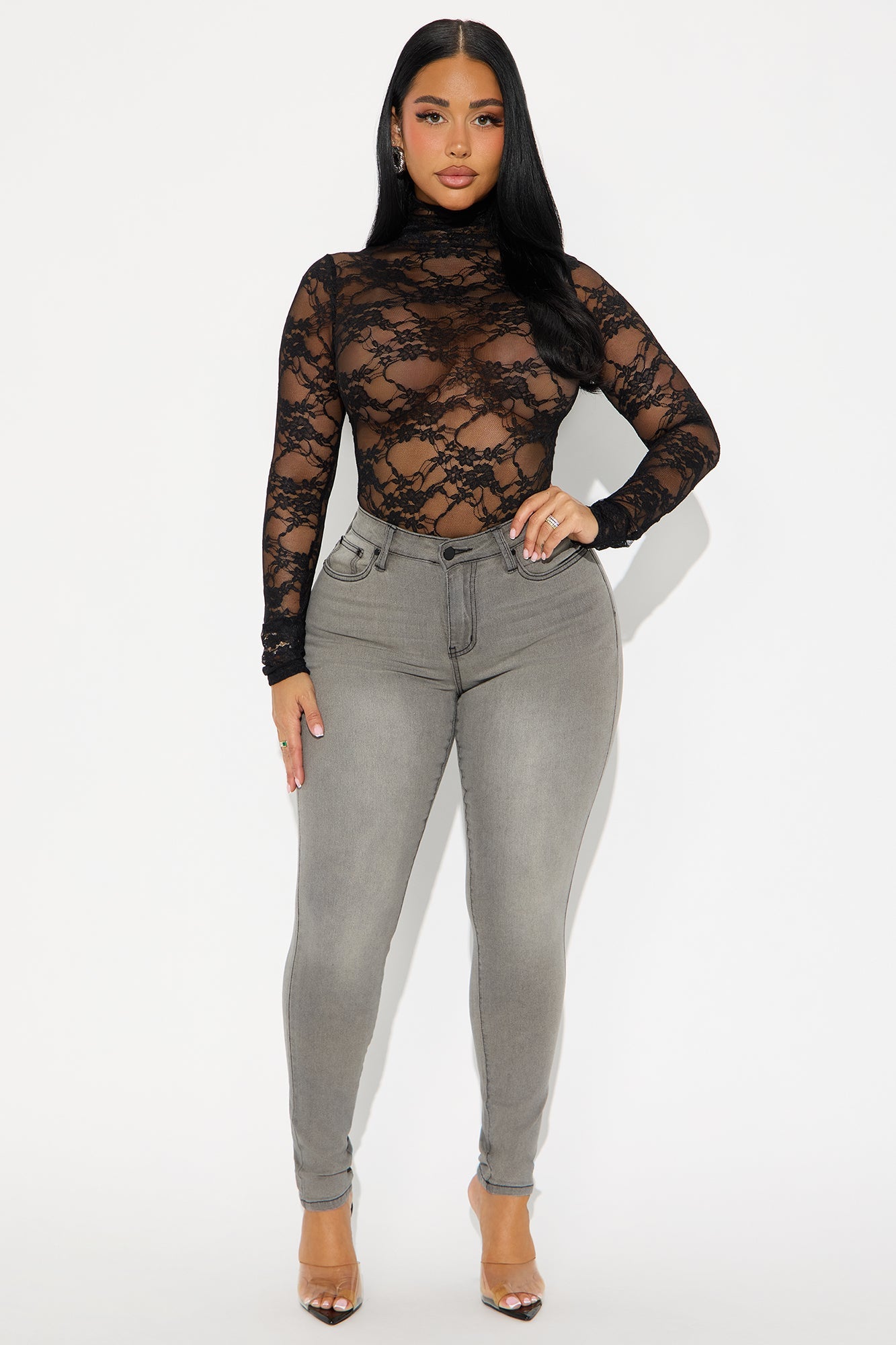 Elma Long Sleeve Turtle Neck Lace Bodysuit - Black