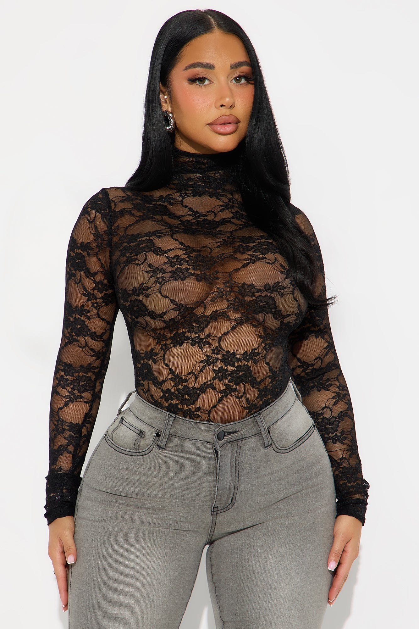 Elma Long Sleeve Turtle Neck Lace Bodysuit - Black