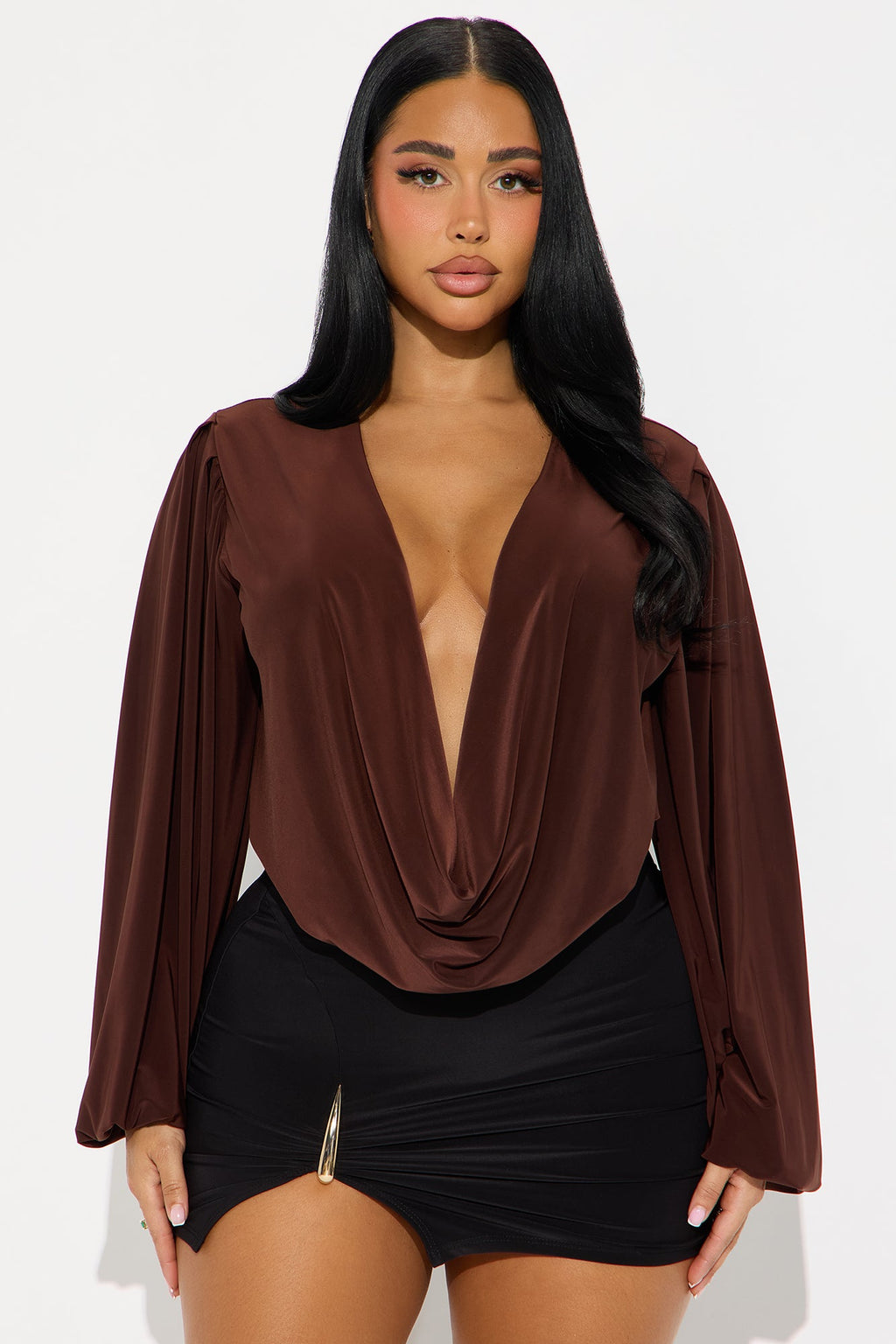 Scarlet Cut Out Mock Neck Bodysuit - Chocolate