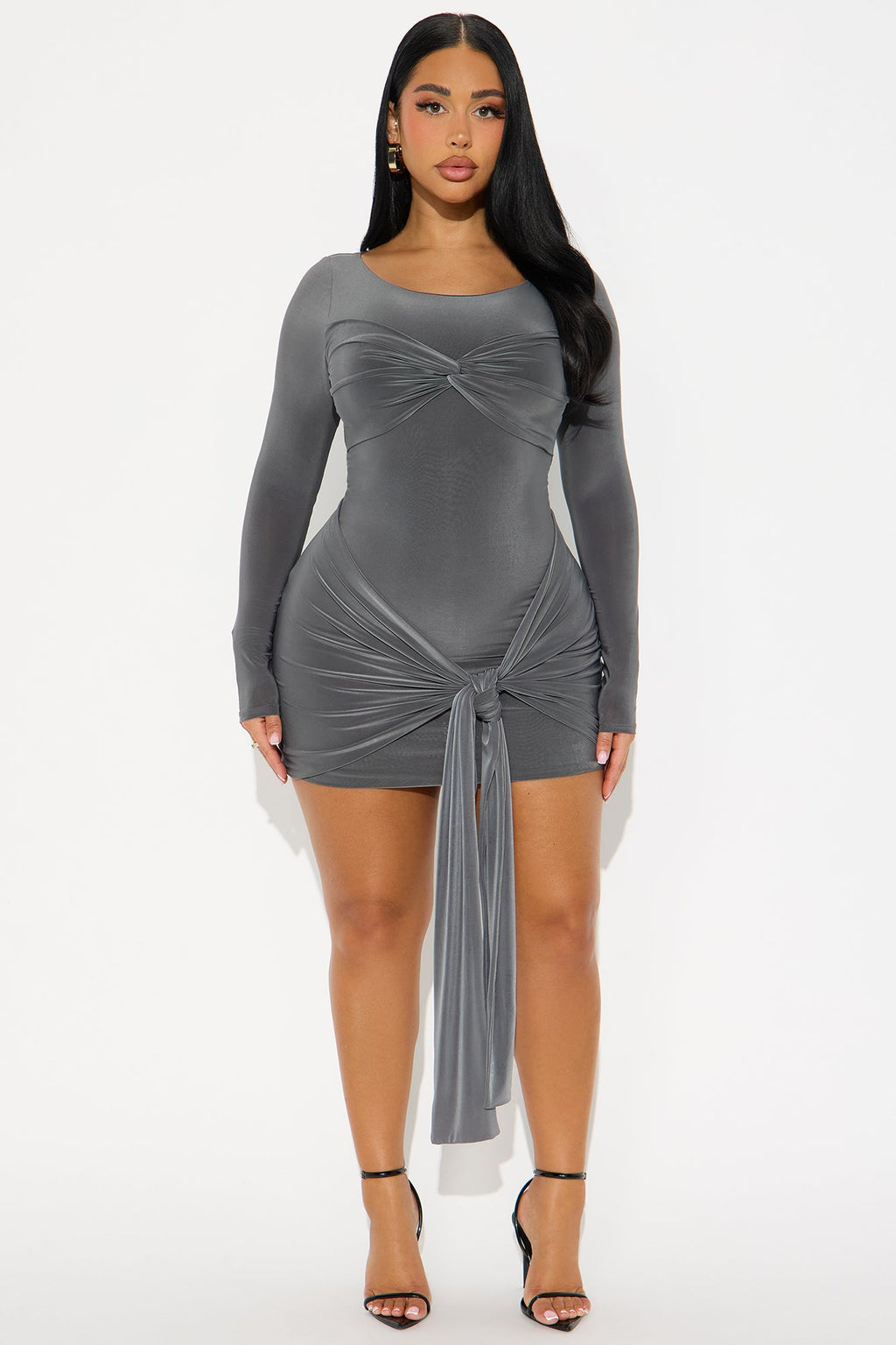 Destiny Draped Long Sleeve Micro Mini Dress - Grey