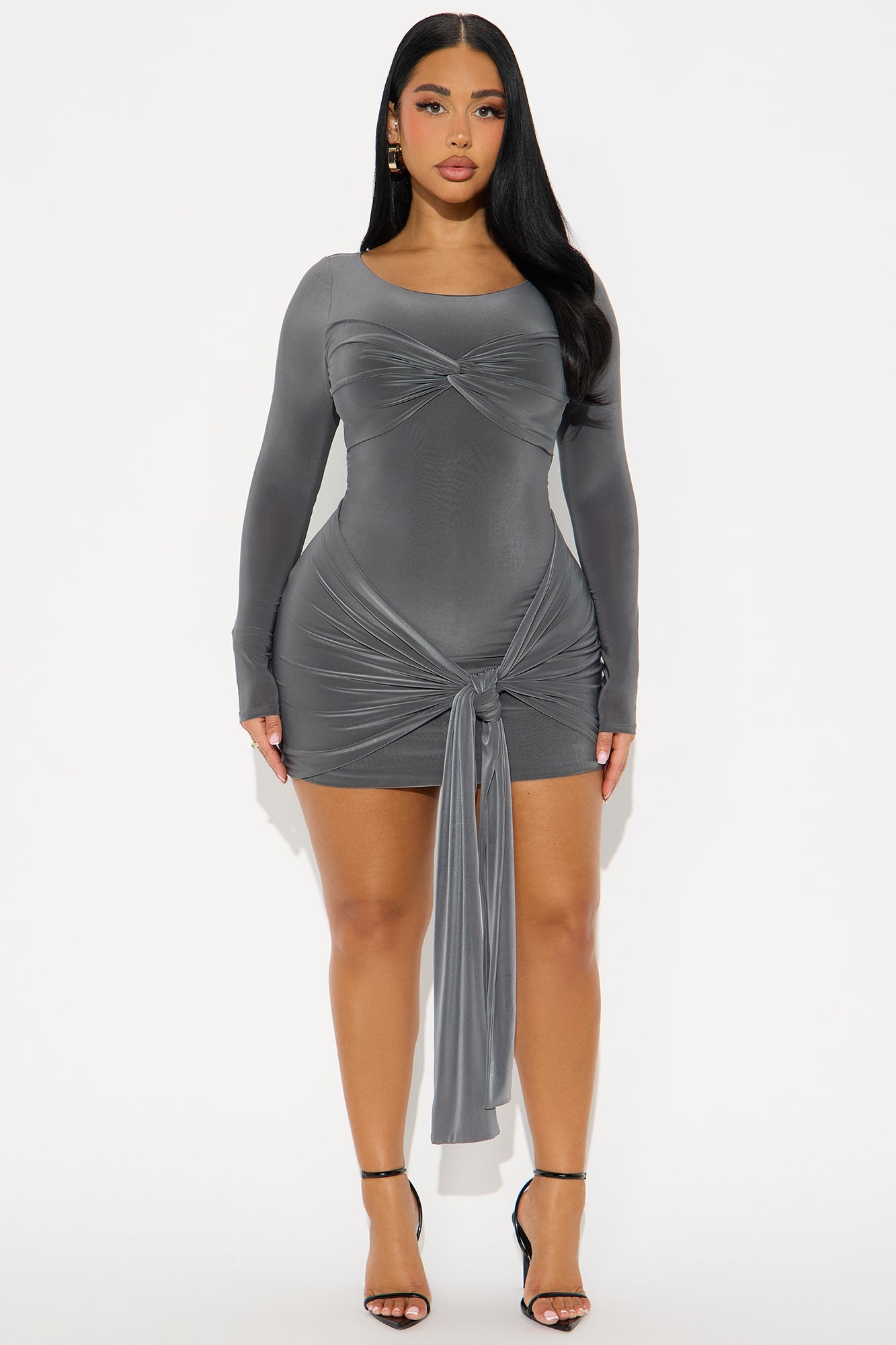 Destiny Draped Long Sleeve Micro Mini Dress - Grey