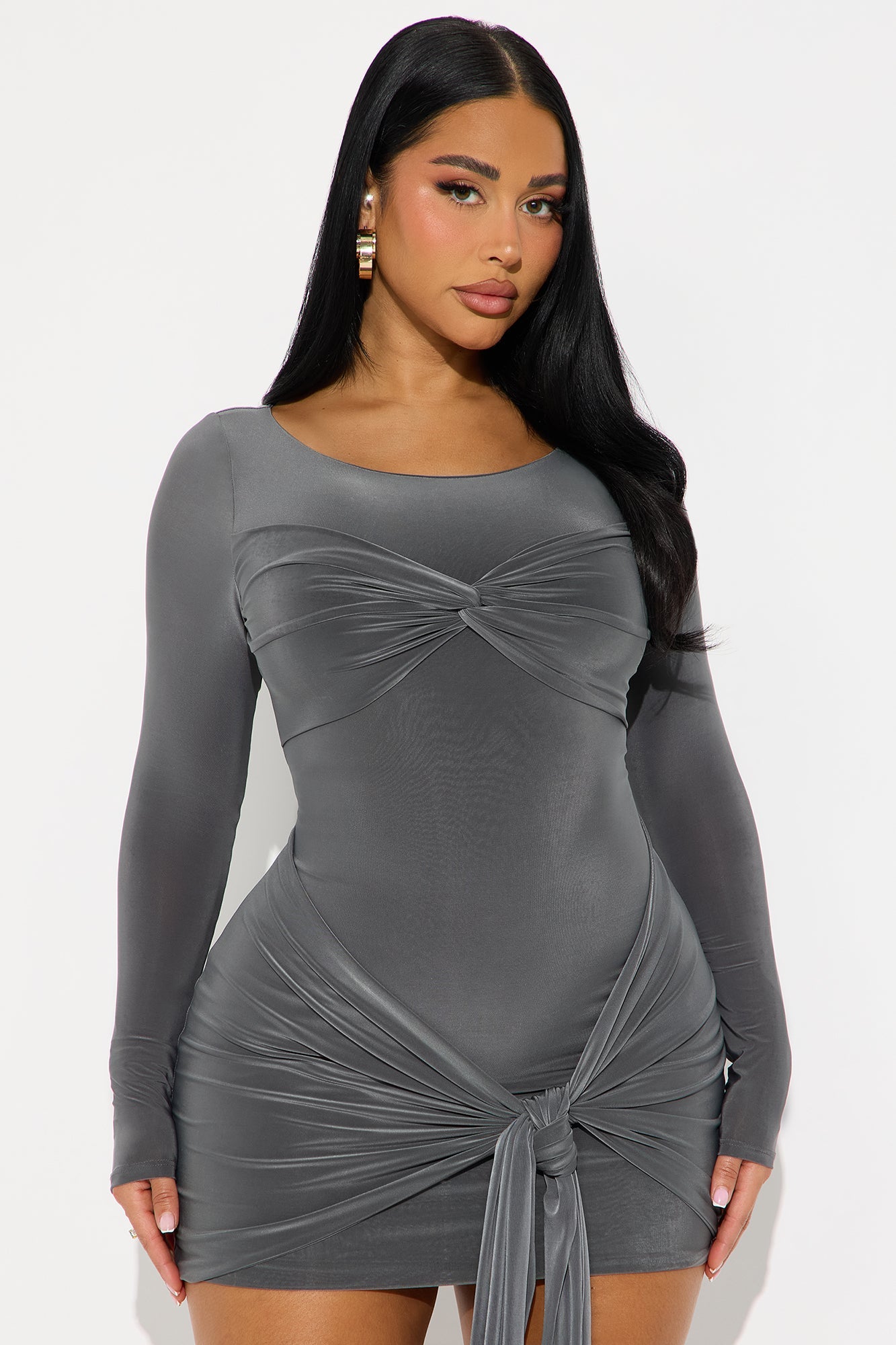 Destiny Draped Long Sleeve Micro Mini Dress - Grey
