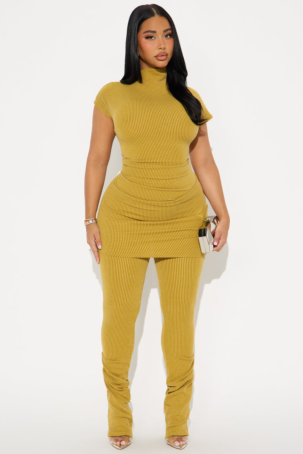 Nora High Neck Ruched Pant Set - Olive
