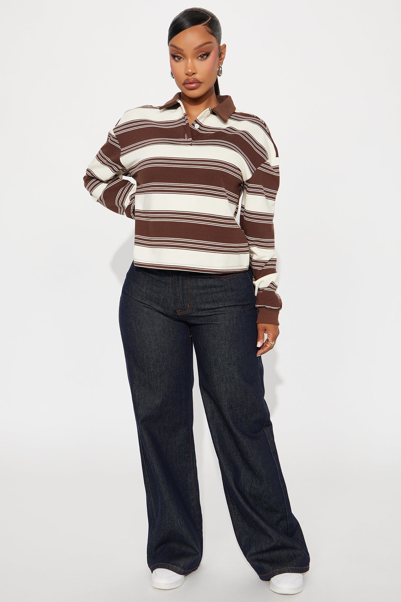 Milou Long Sleeve Polo Top - Brown/combo