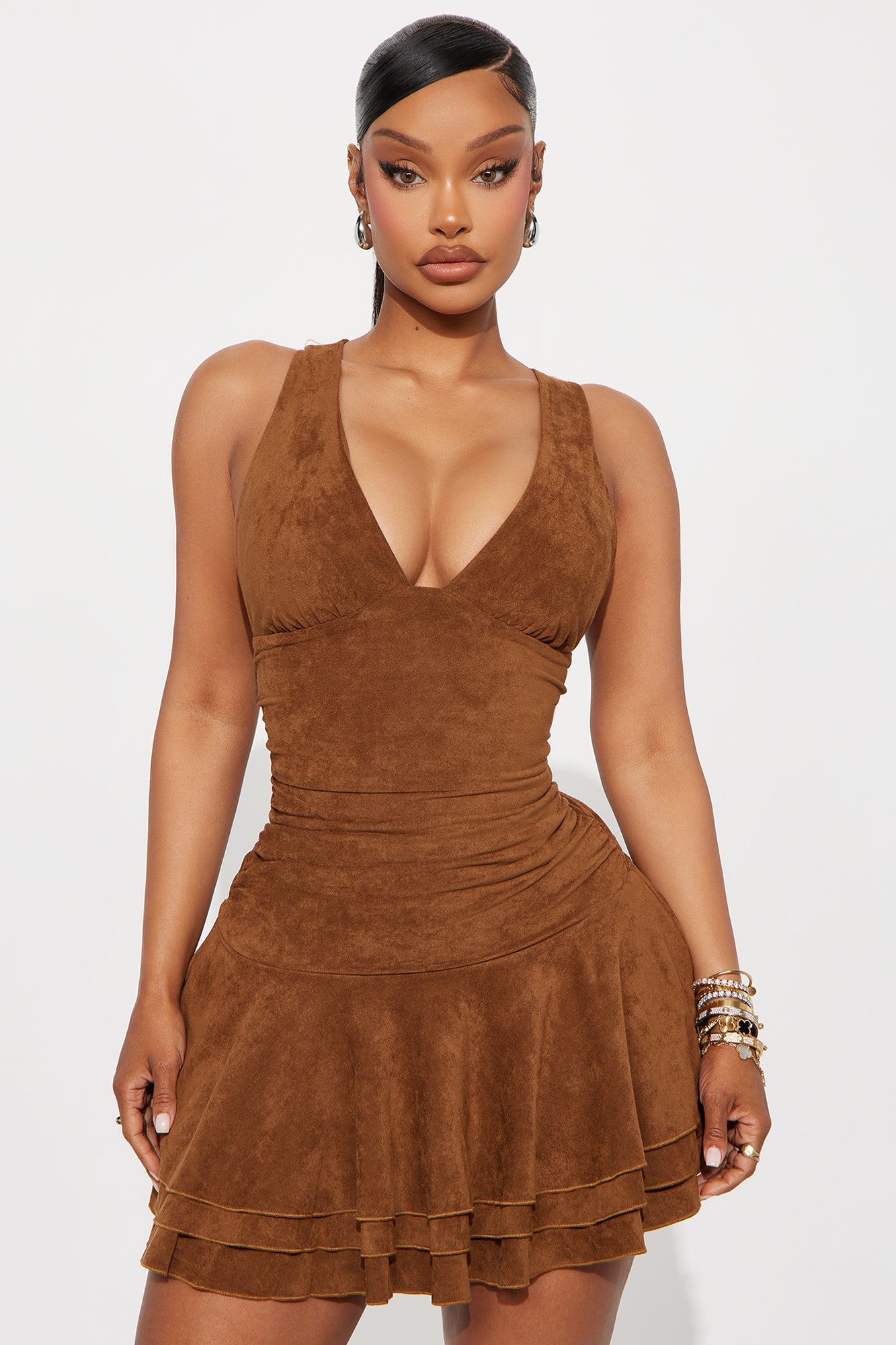 Josie Ladder Faux Suede Mini Dress - Brown
