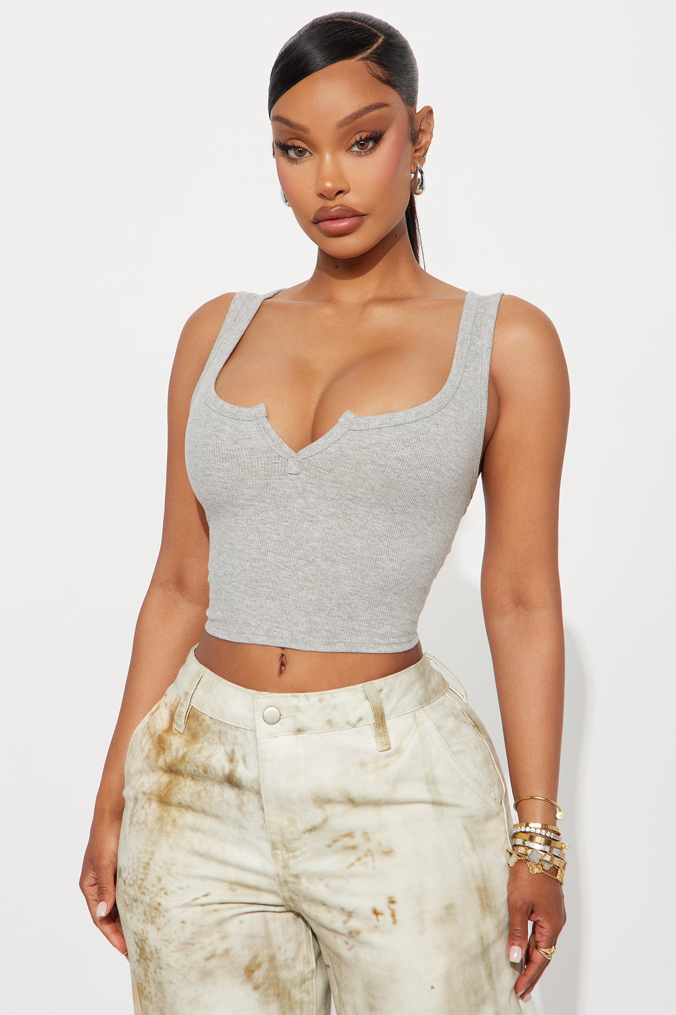 Leah Ribbed Tank Top - Heather Grey