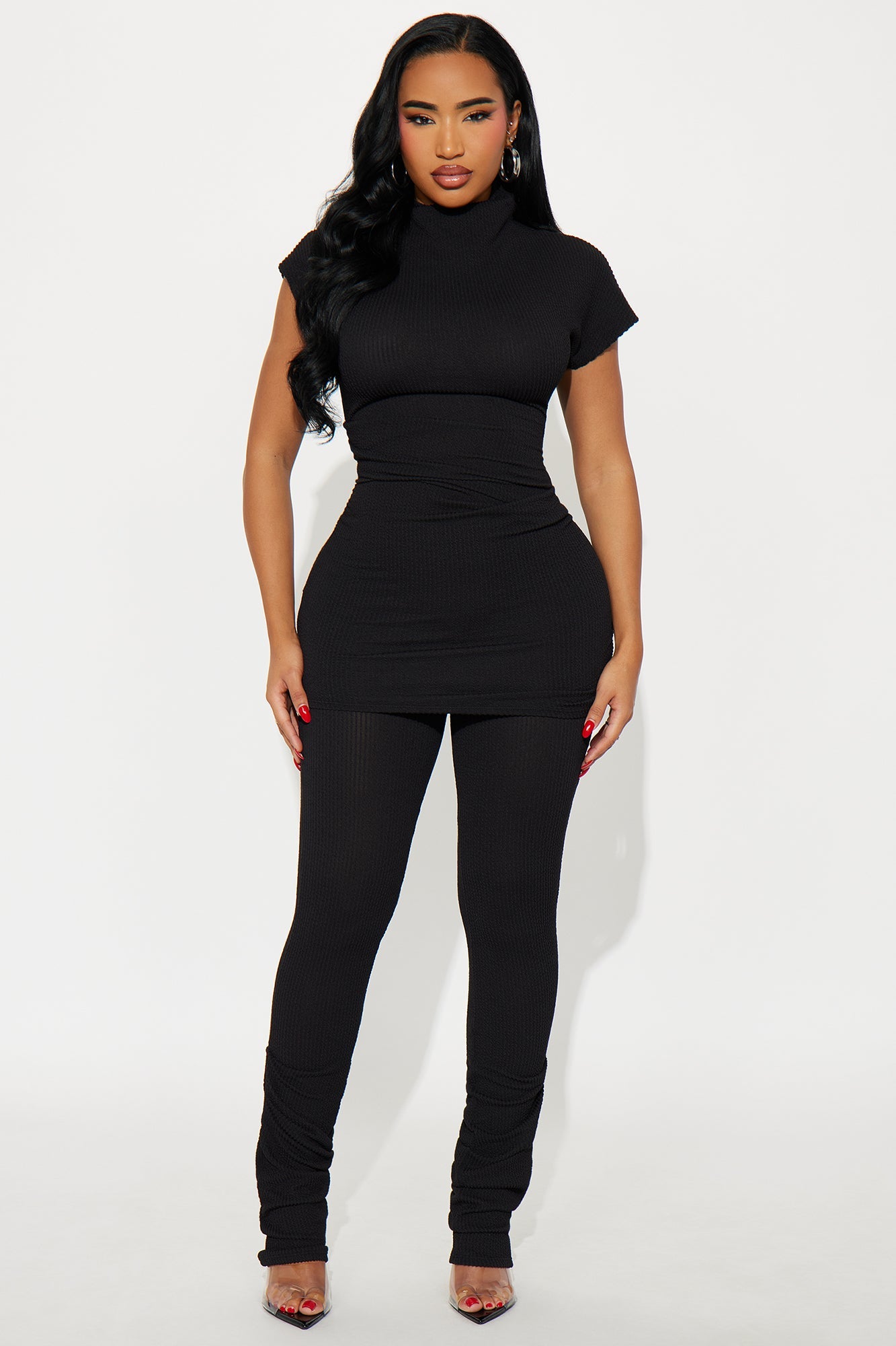Nora High Neck Ruched Pant Set - Black