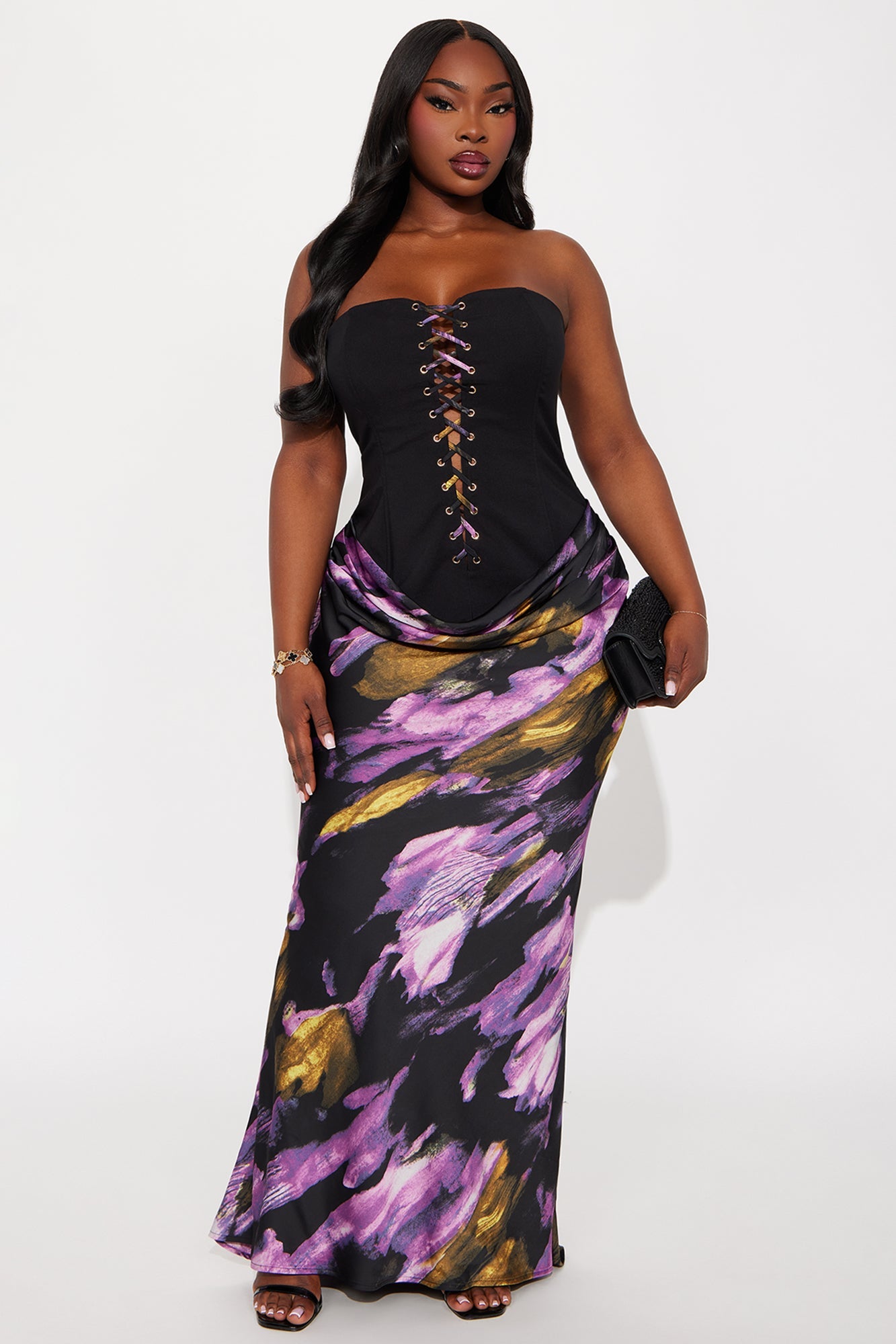 Cassia Satin Corset Gown - Black/Purple