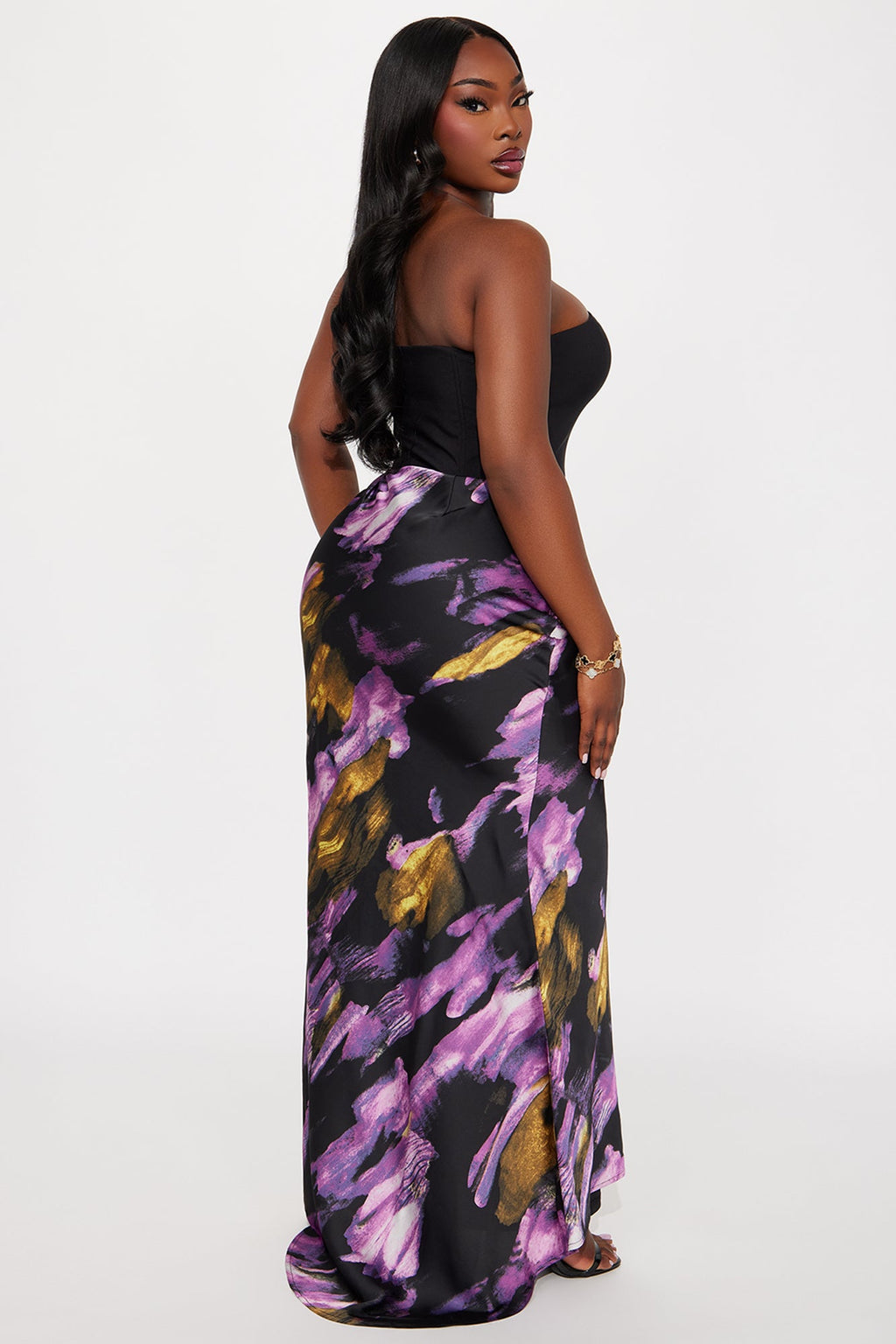 Cassia Satin Corset Gown - Black/Purple