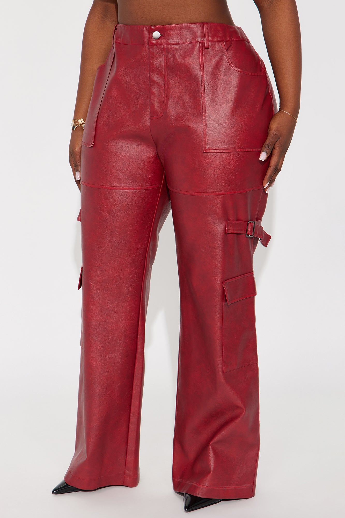 Driven Towards You Washed Faux Leather Cargo Pant 33 - Red