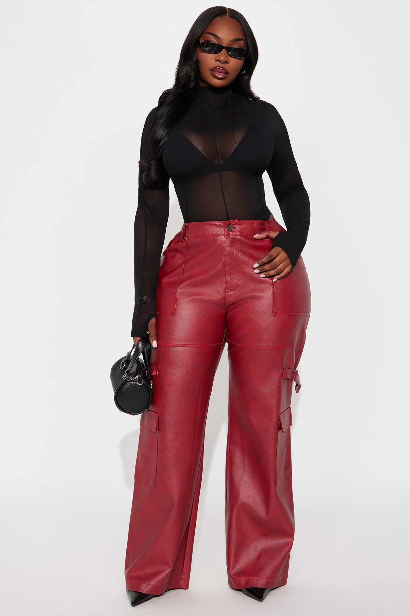 Driven Towards You Washed Faux Leather Cargo Pant 33 - Red