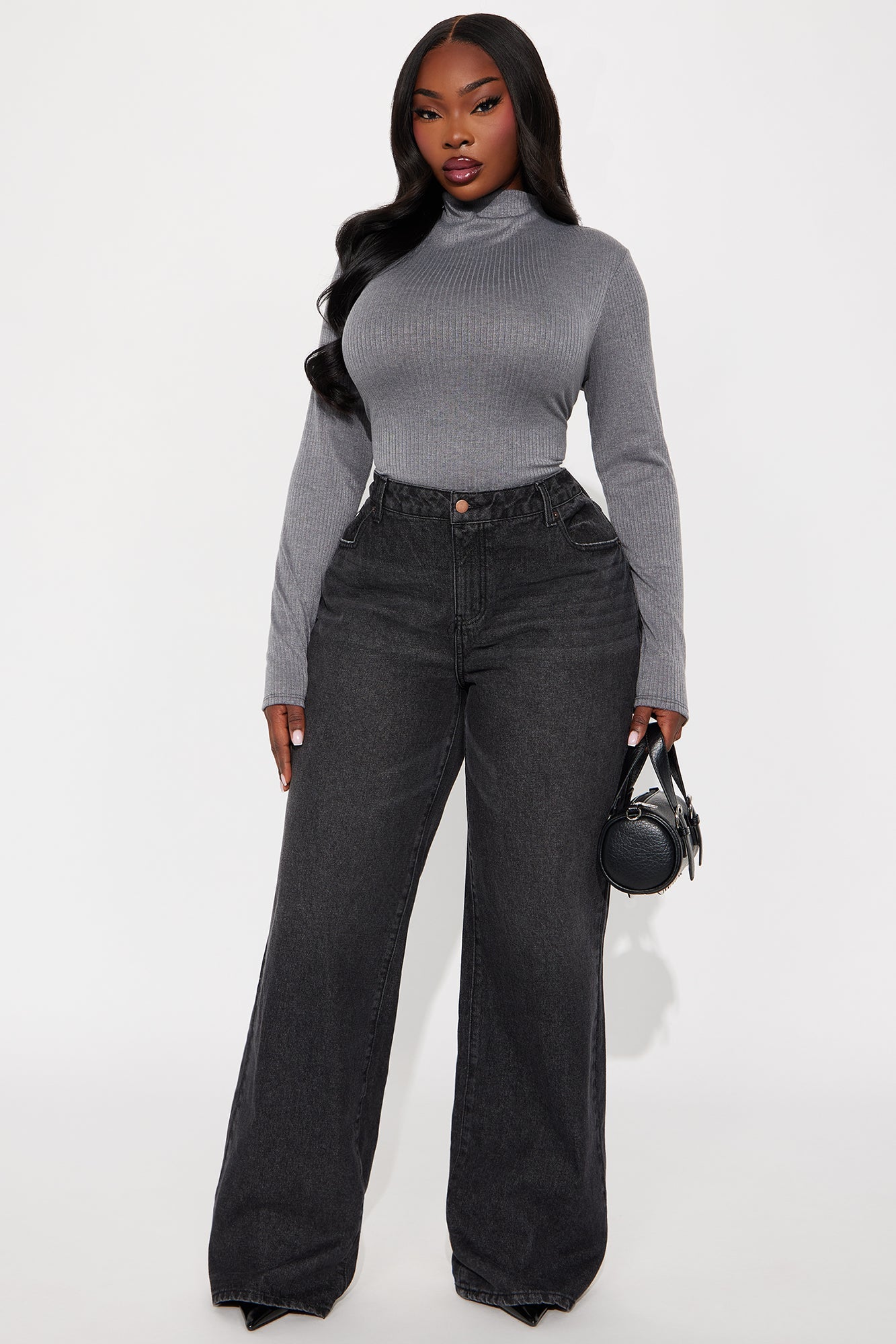 Deziree Ribbed Long Sleeve Mock Neck Top - Heather Grey