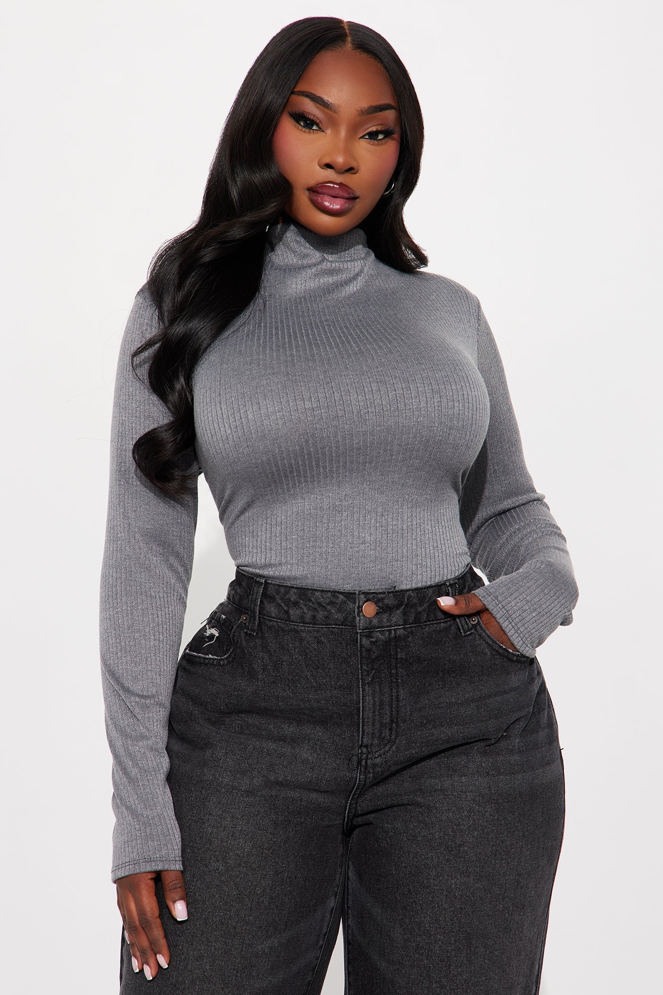 Deziree Ribbed Long Sleeve Mock Neck Top - Heather Grey