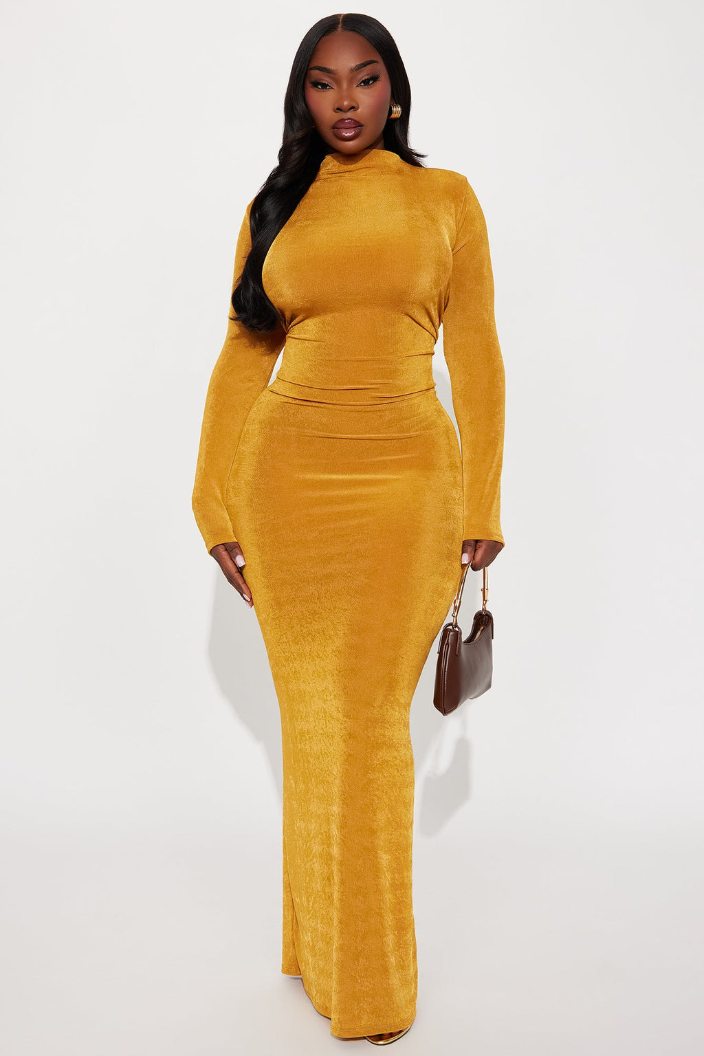 Ella Mock Neck Long Sleeve Maxi Dress - Mustard