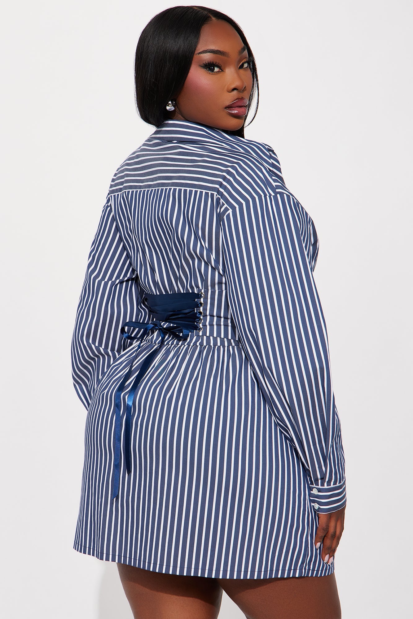 Carly Collar Pinstripe Shirt Mini Dress - Navy