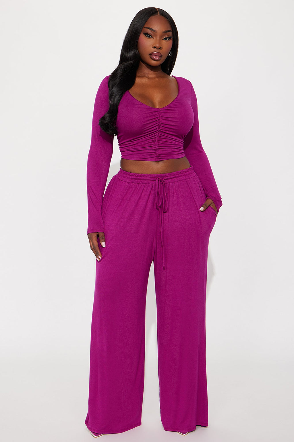 Met By Chance Ruched Pant Set - Magenta 