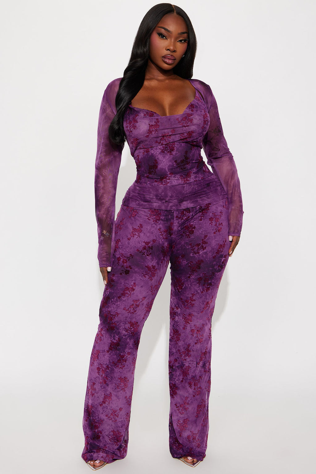 Lorie Mesh 2 Piece Jumpsuit - Burgundy