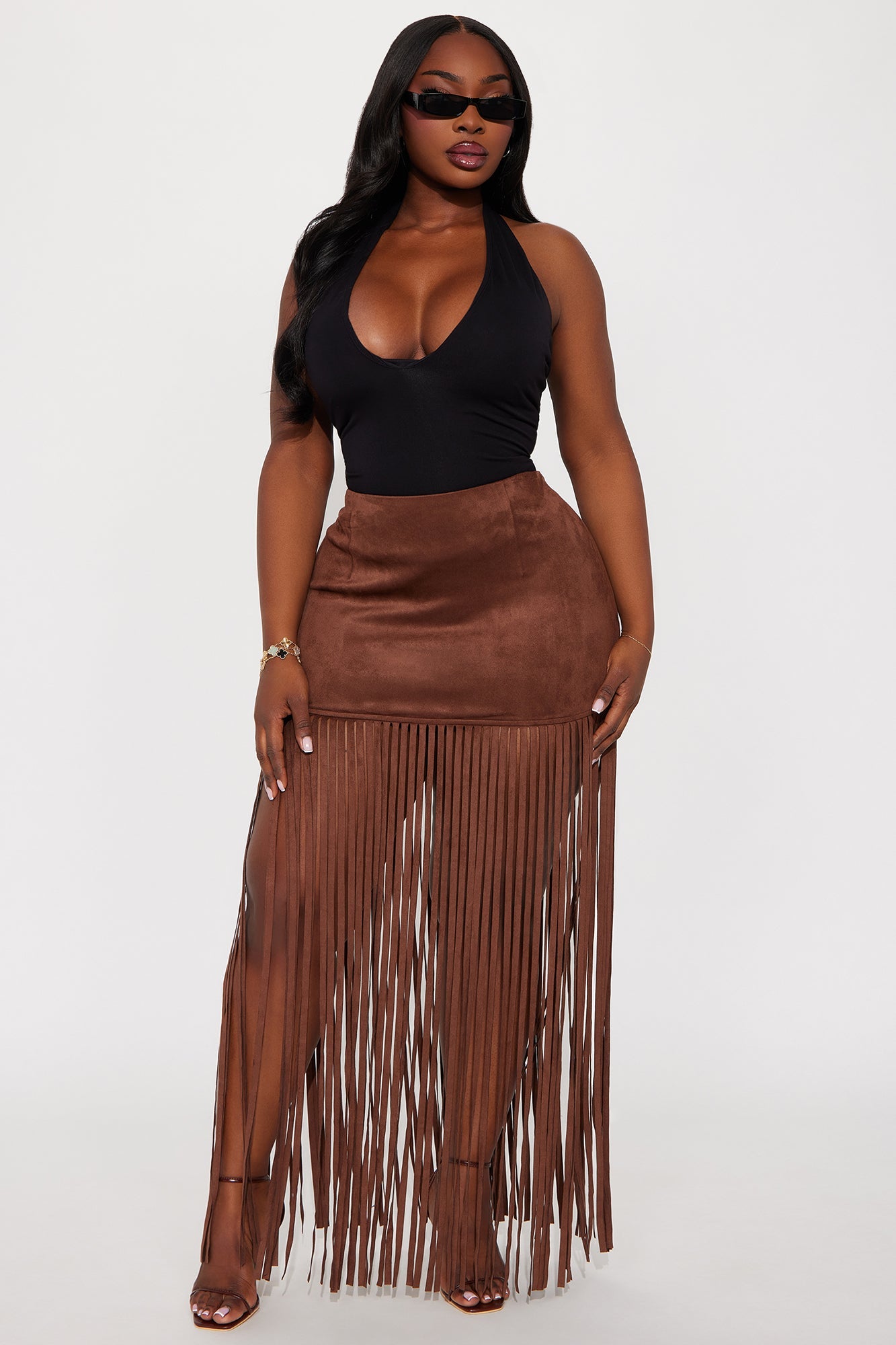 On The Fringe Faux Suede Maxi Skirt - Brown