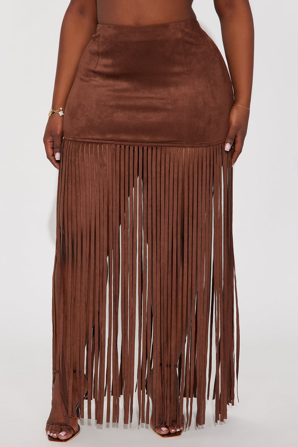 On The Fringe Faux Suede Maxi Skirt - Brown