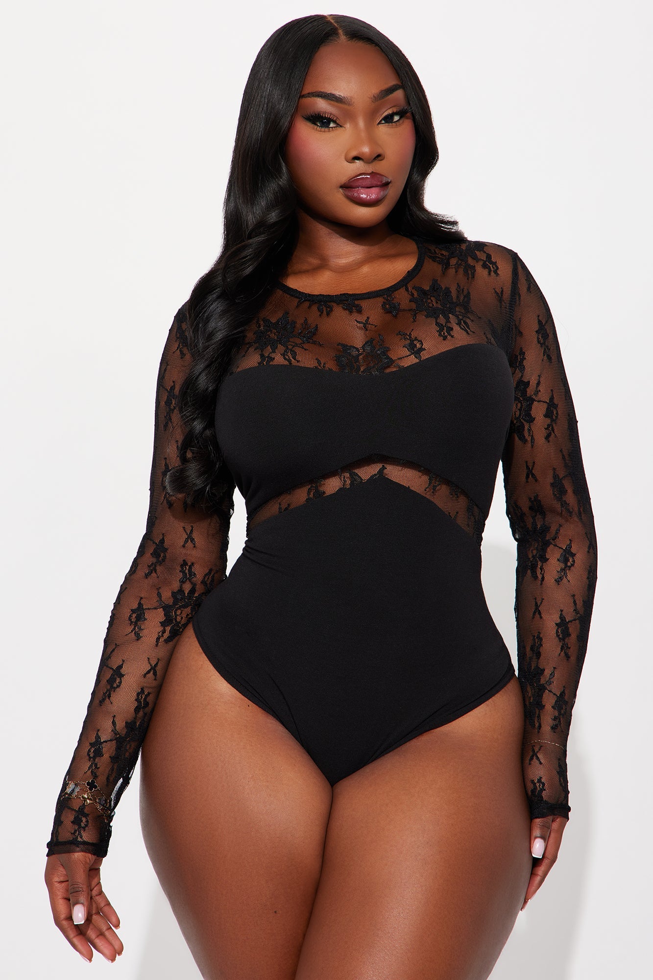 Tiana Long Sleeve Lace Bodysuit - Black