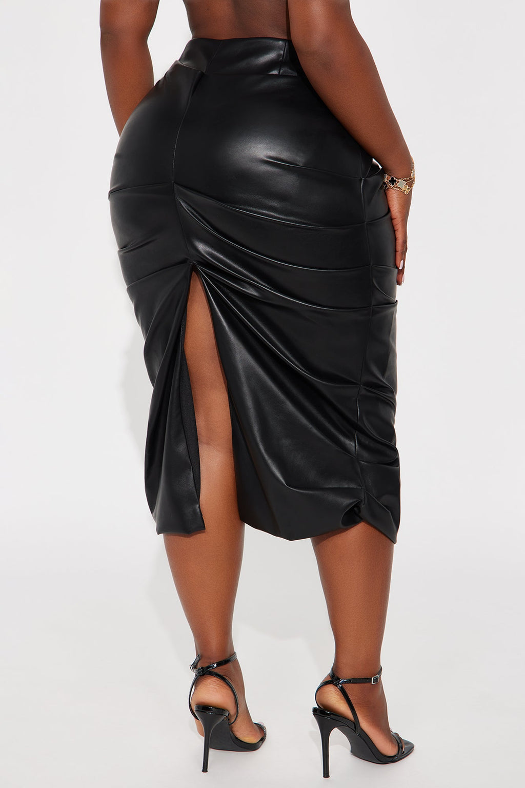Don't Be Jaded Ruched Faux Leather Midi Skirt - Black