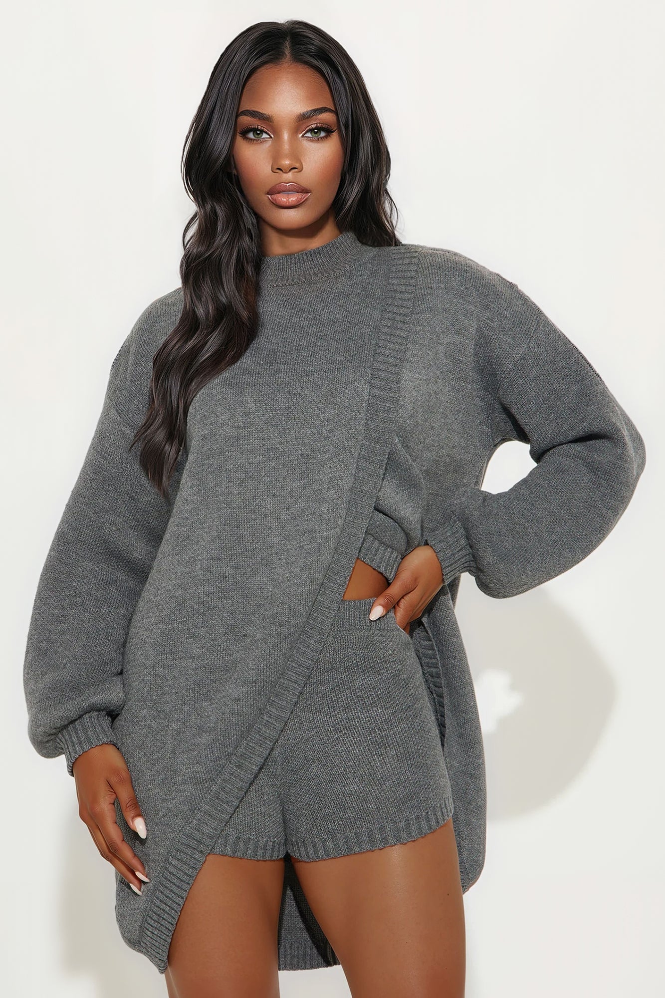 Skip The Line Sweater Short Set - Charcoal
