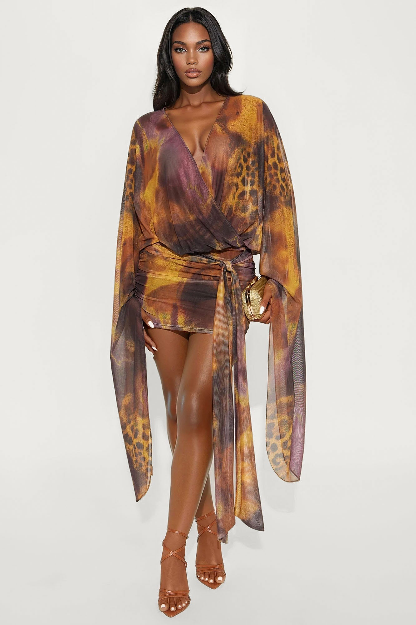 Golden Hour Mesh Animal Print Mini Dress - Brown Combo