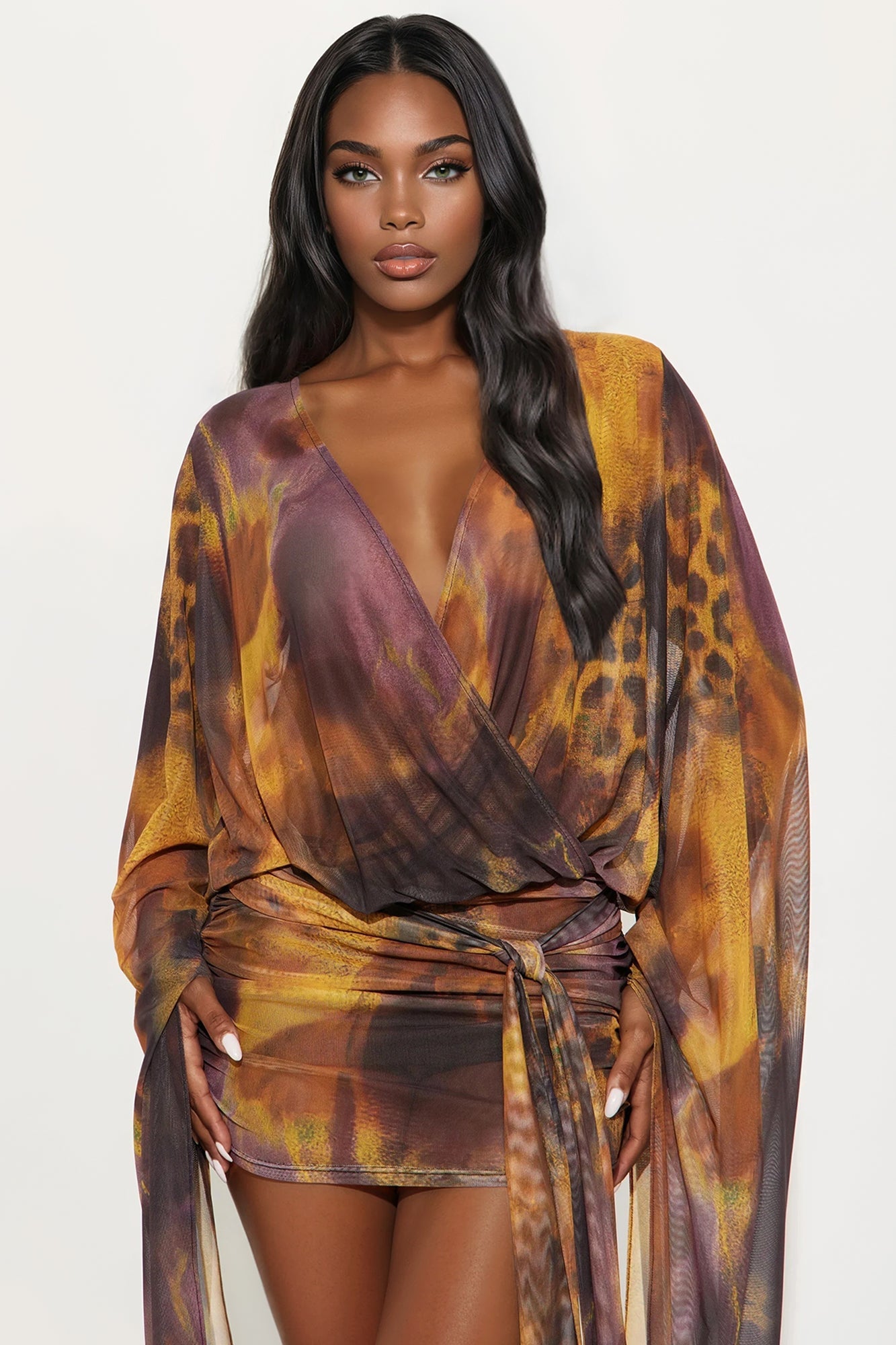 Golden Hour Mesh Animal Print Mini Dress - Brown Combo